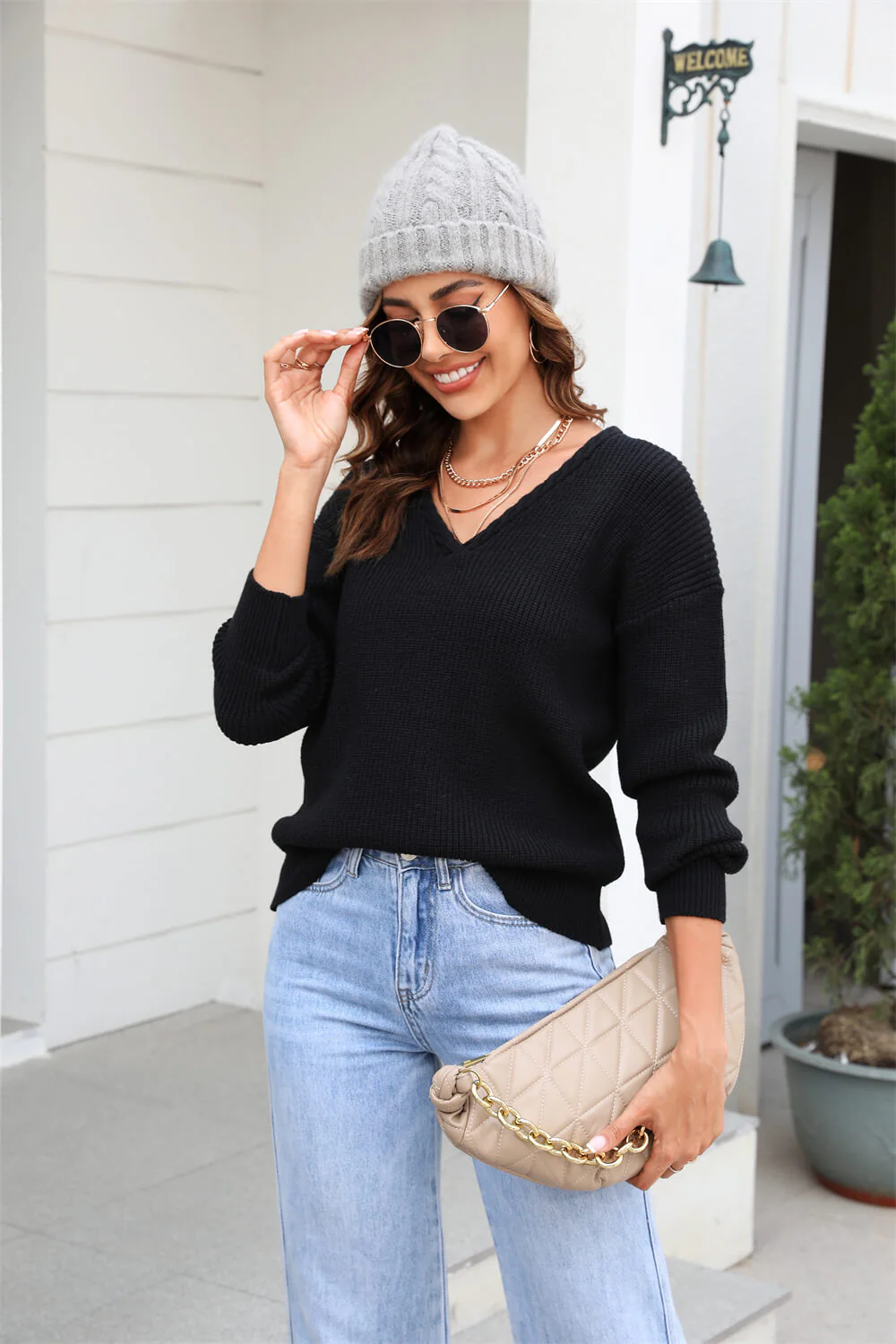 Liberty V-Neck Knit Sweater - Black - Image 3