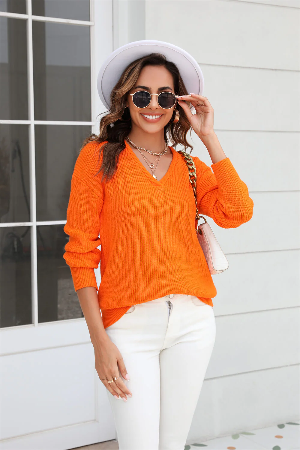 Liberty V-Neck Knit Sweater - Orange - Image 2