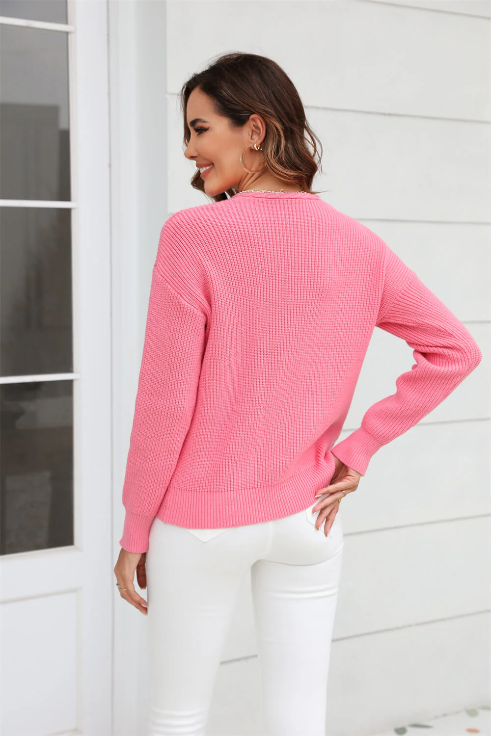 Liberty V-Neck Knit Sweater - Pink - Image 3
