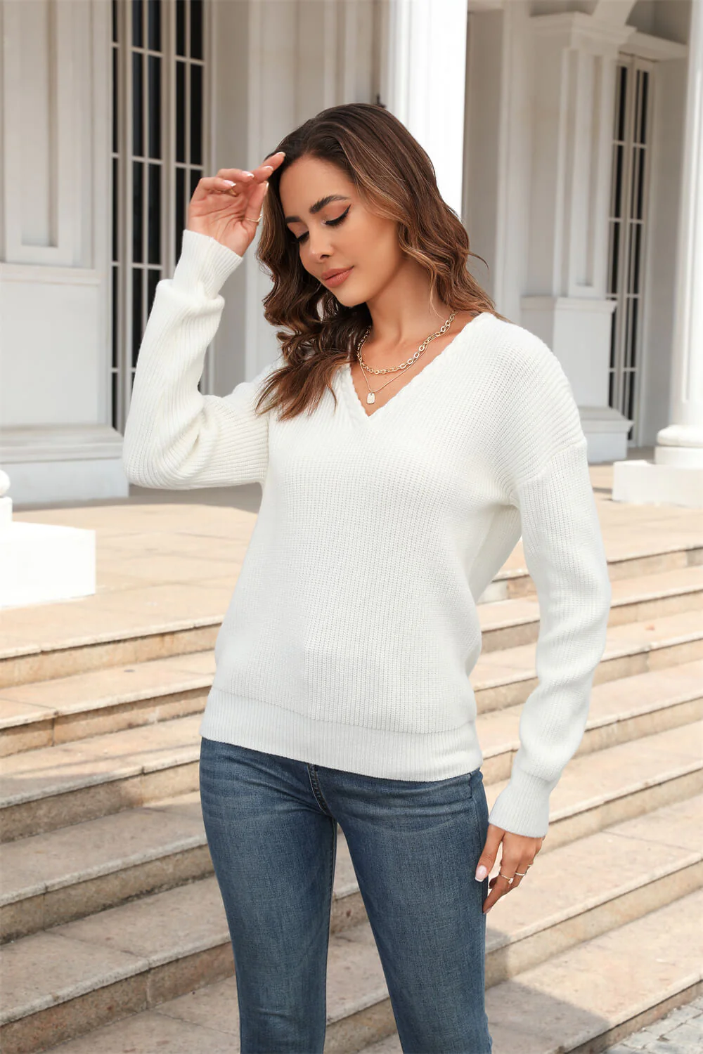 Liberty V-Neck Knit Sweater - White - Image 3