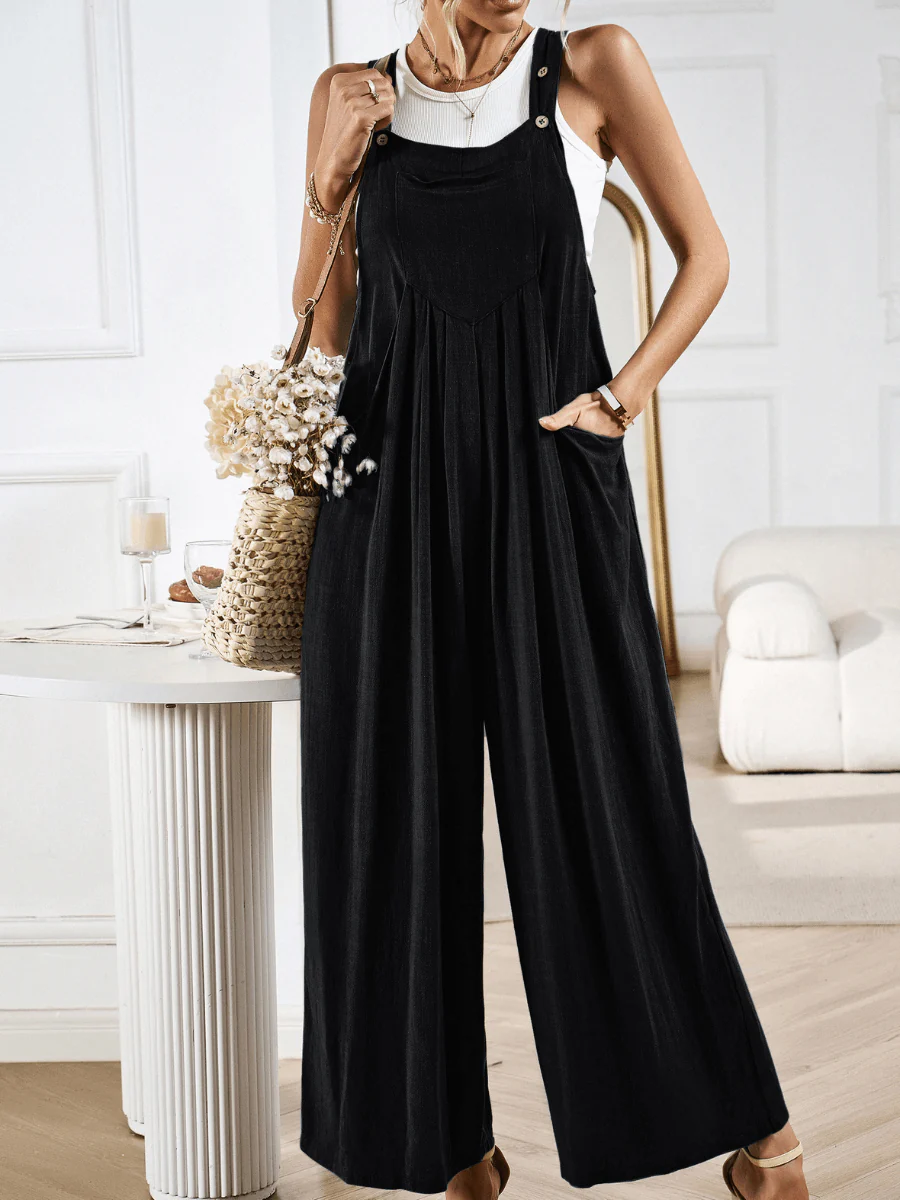 LINETTE WIDE LEG LINEN OVERALLS - BLACK