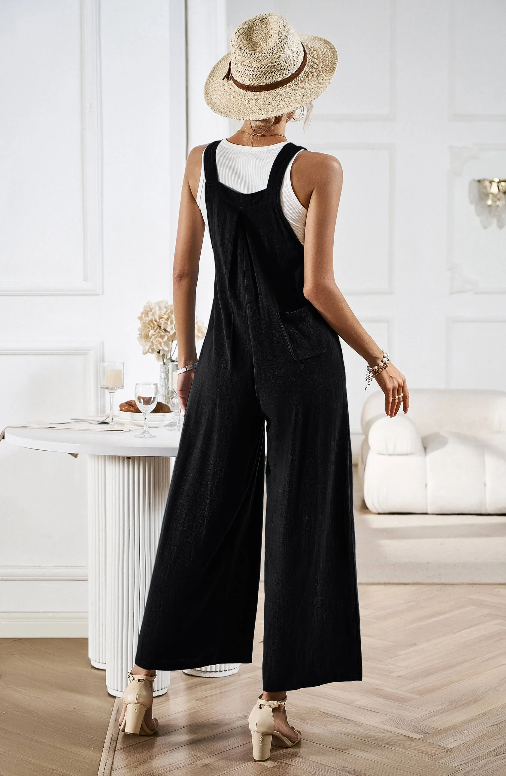 LINETTE WIDE LEG LINEN OVERALLS - BLACK - Image 3