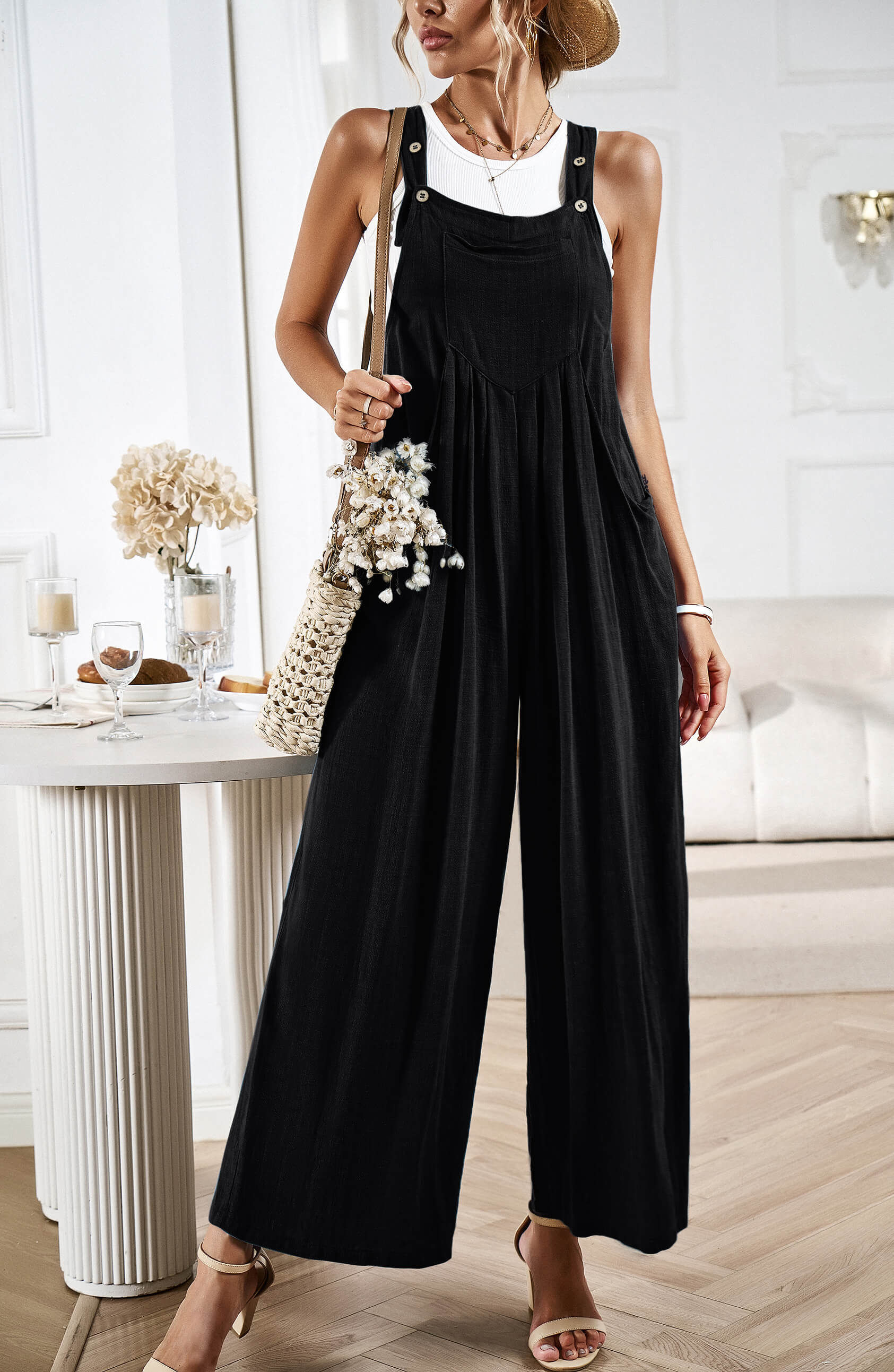 LINETTE WIDE LEG LINEN OVERALLS - BLACK - Image 5