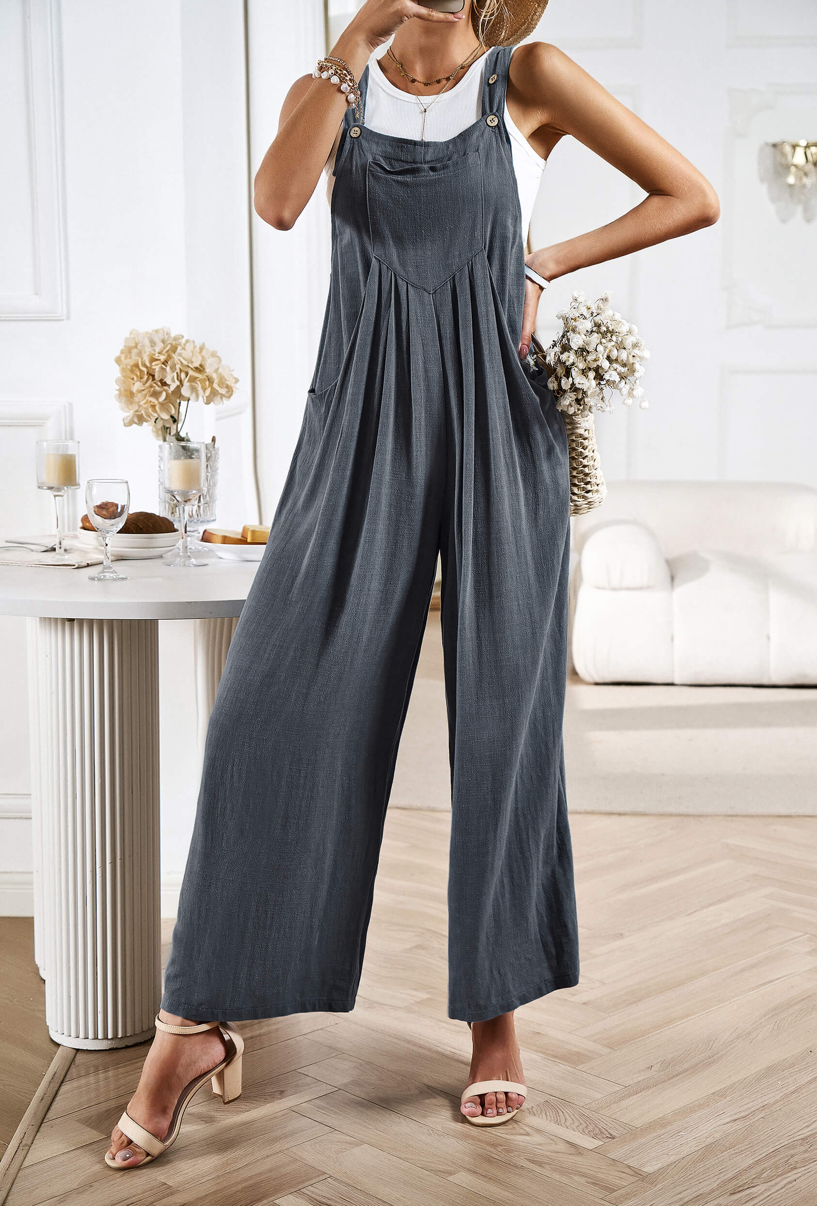 LINETTE WIDE LEG LINEN OVERALLS - GREY - Image 6