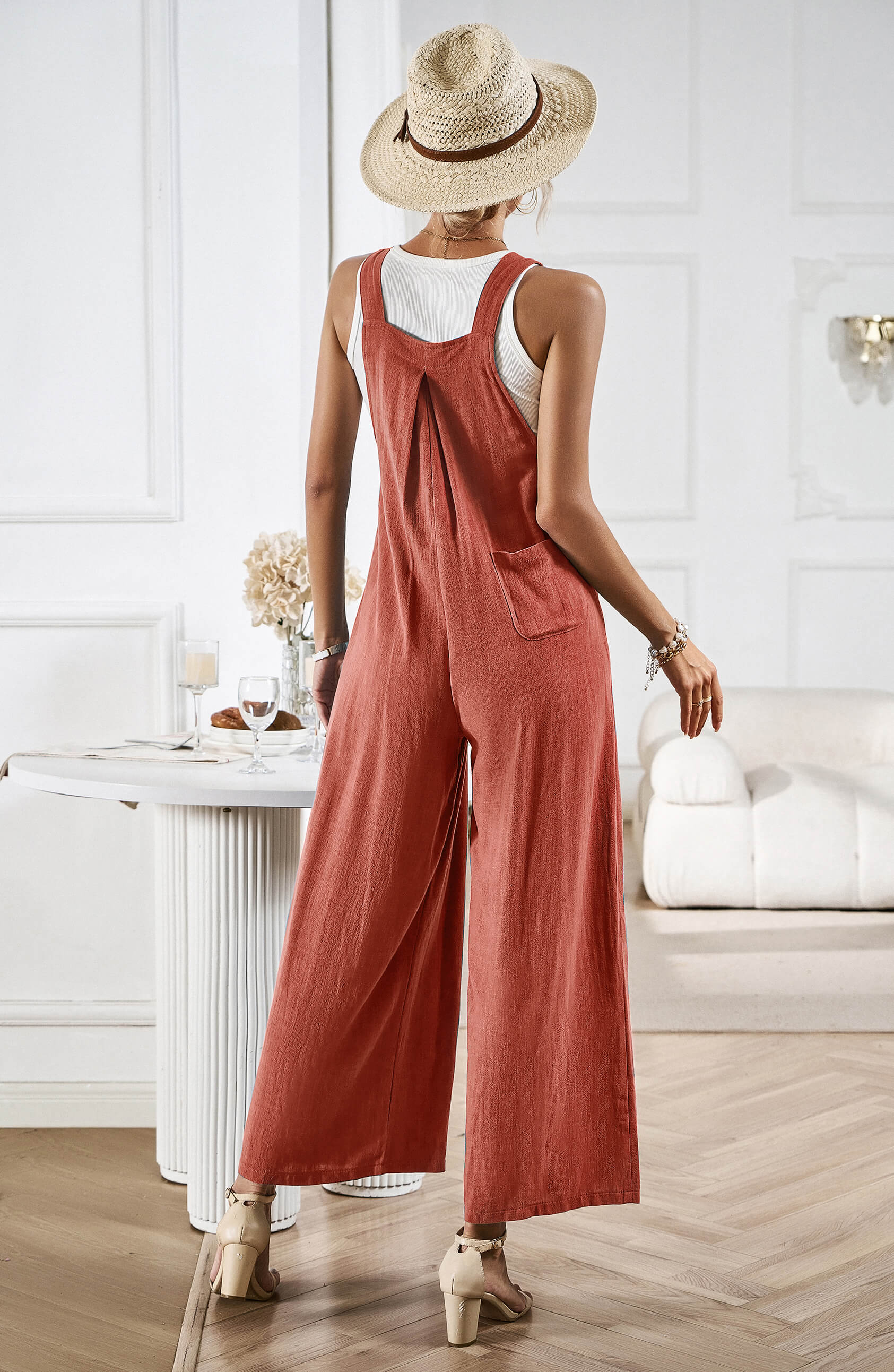 LINETTE WIDE LEG LINEN OVERALLS - RUST - Image 4