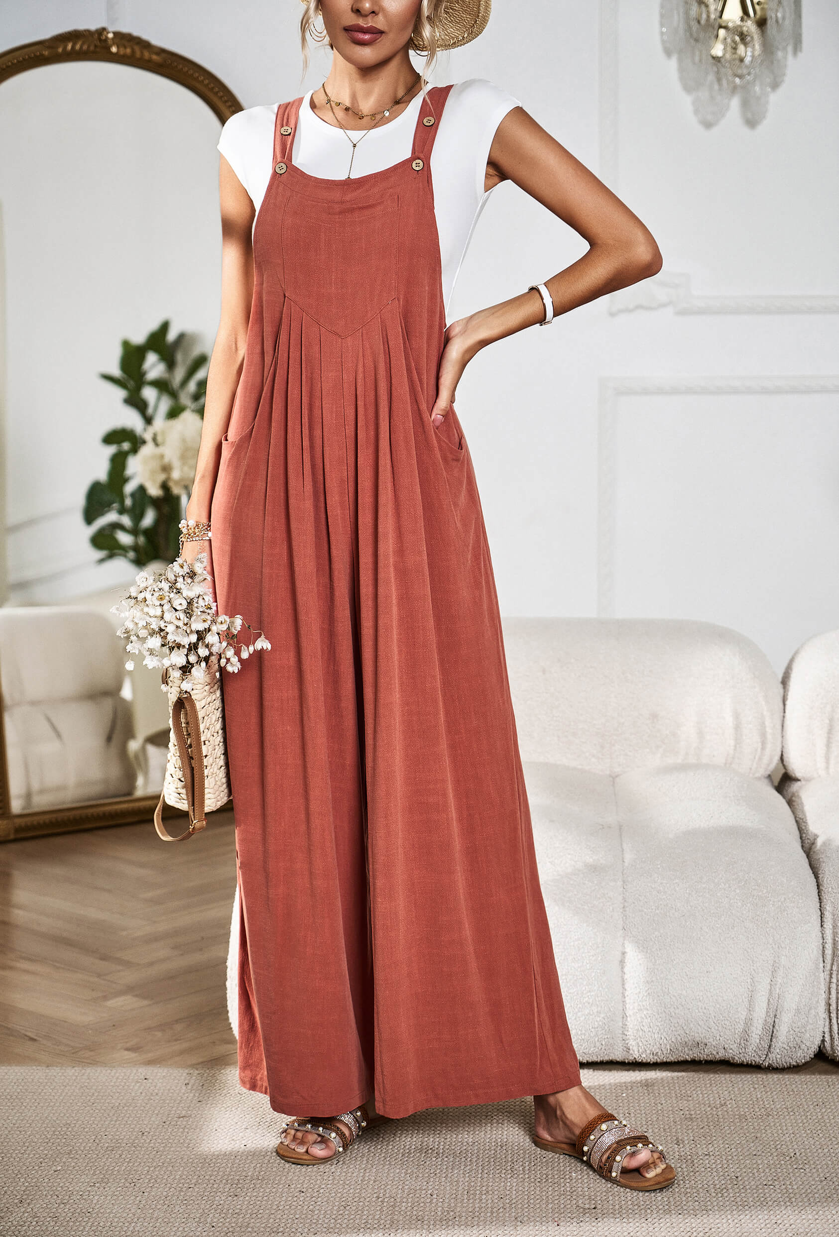 LINETTE WIDE LEG LINEN OVERALLS - RUST - Image 6