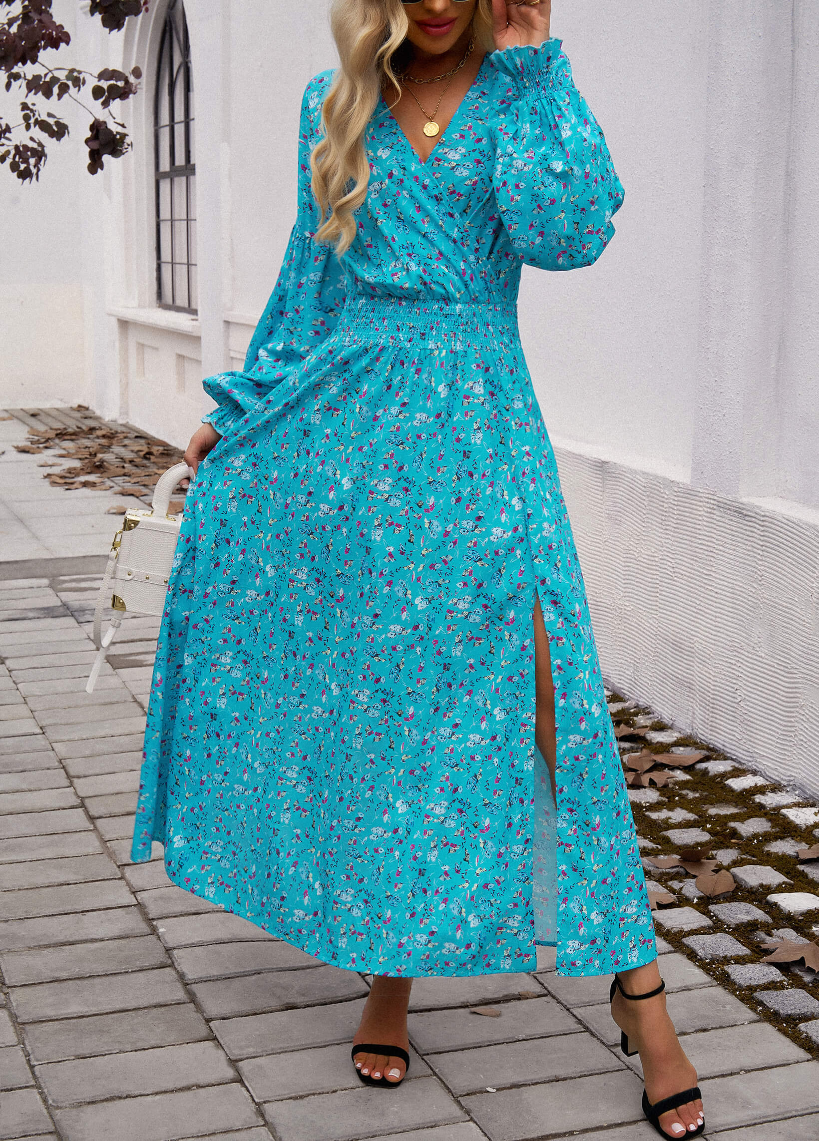 Lisette V-Neck Floral Print Tiered Maxi Dress - Blue - Image 2