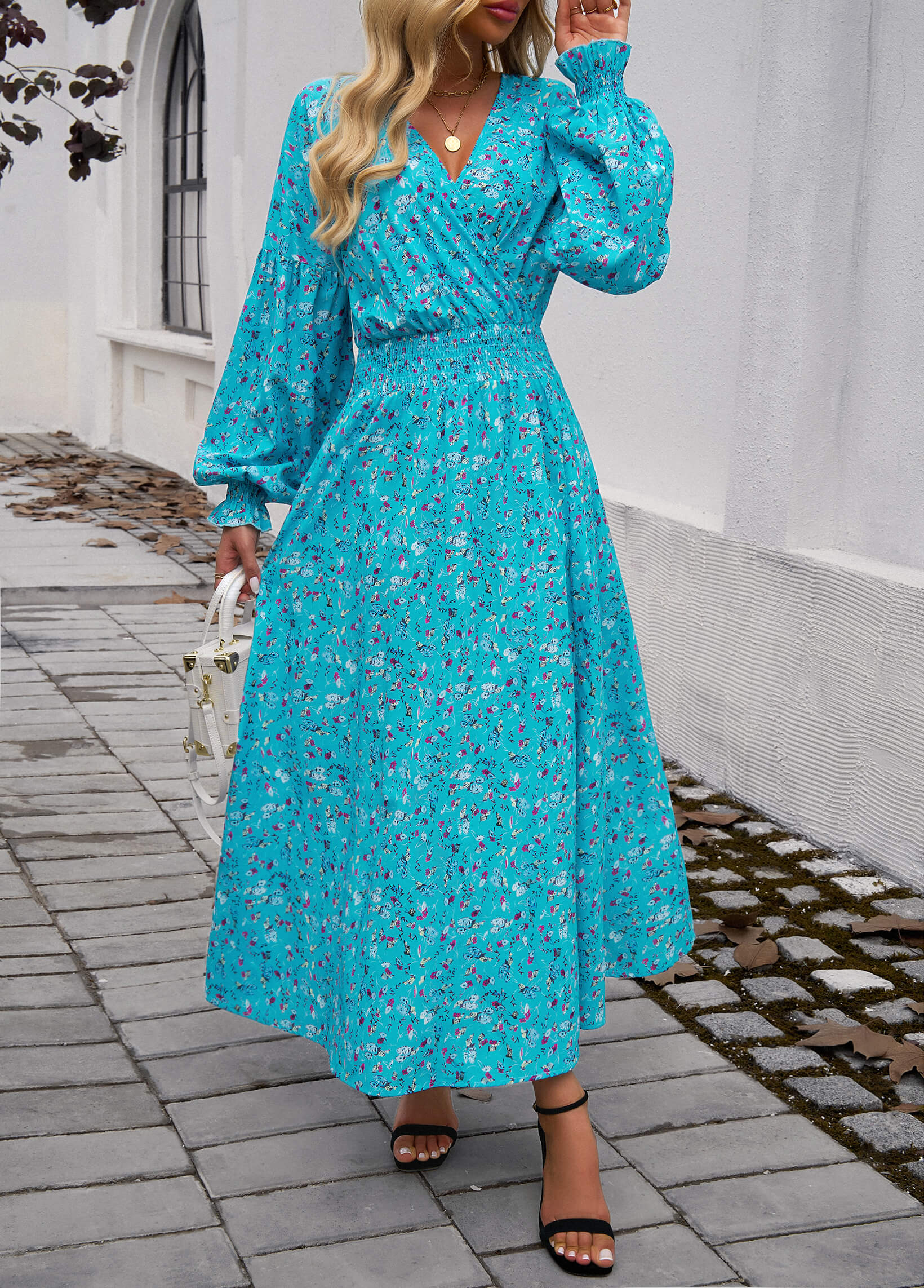 Lisette V-Neck Floral Print Tiered Maxi Dress - Blue - Image 3