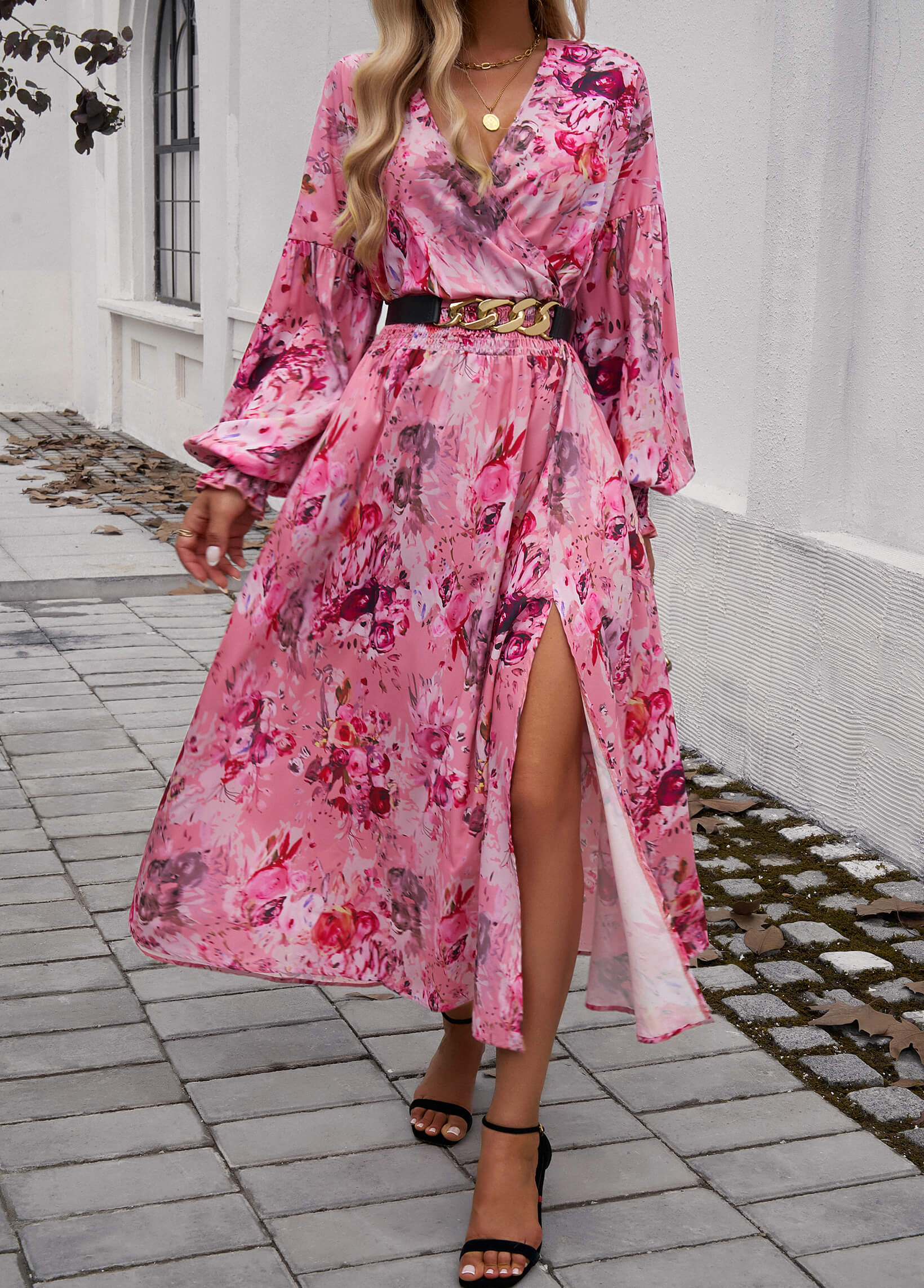 Lisette V-Neck Floral Print Tiered Maxi Dress - Pink - Image 4