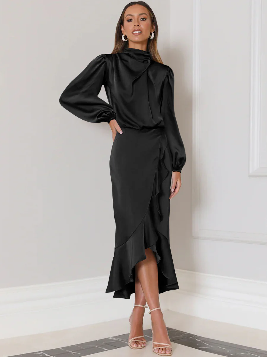 Lissell Satin High Low Midi Dress - Black - Image 2