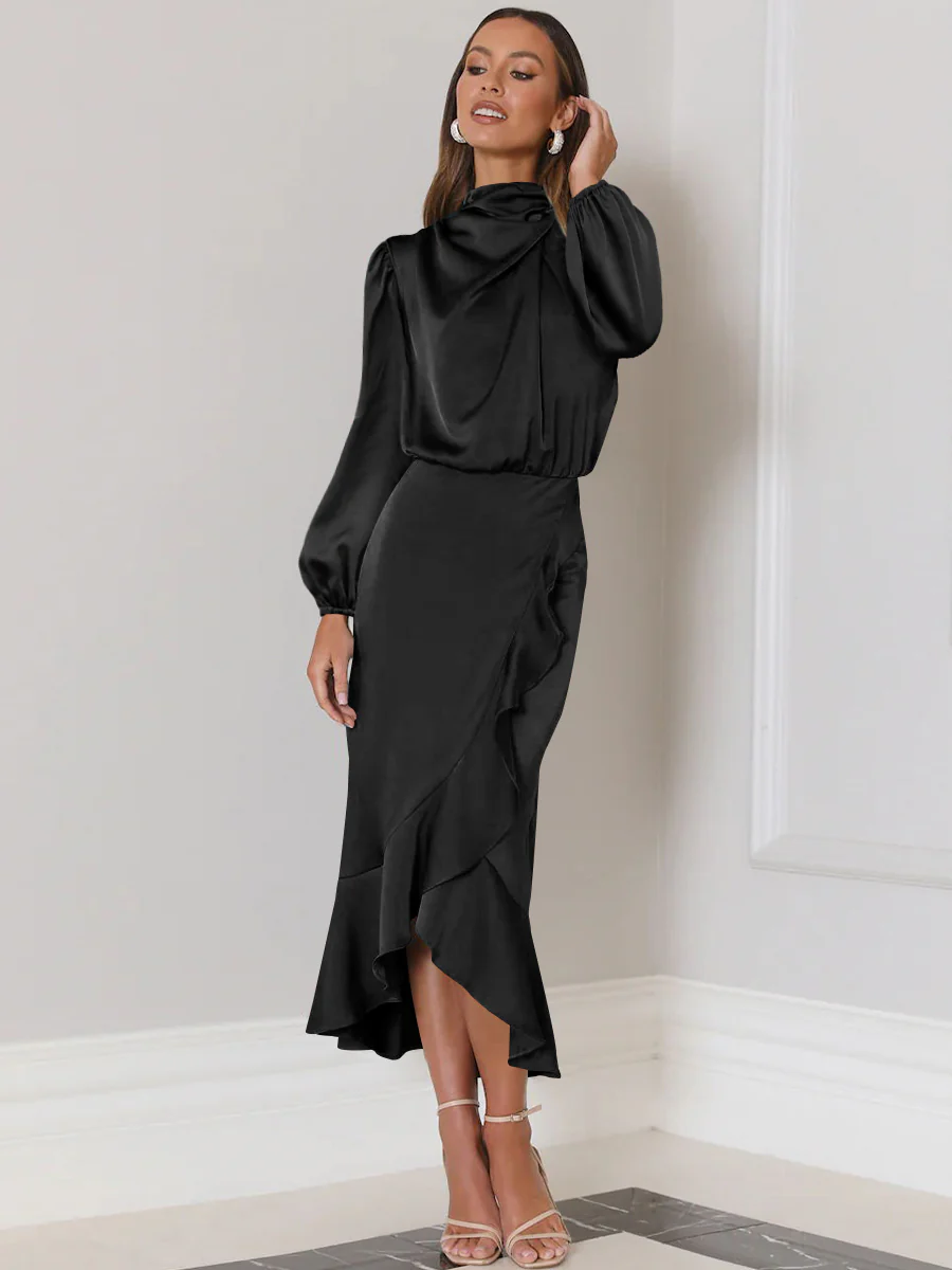 Lissell Satin High Low Midi Dress - Black - Image 5