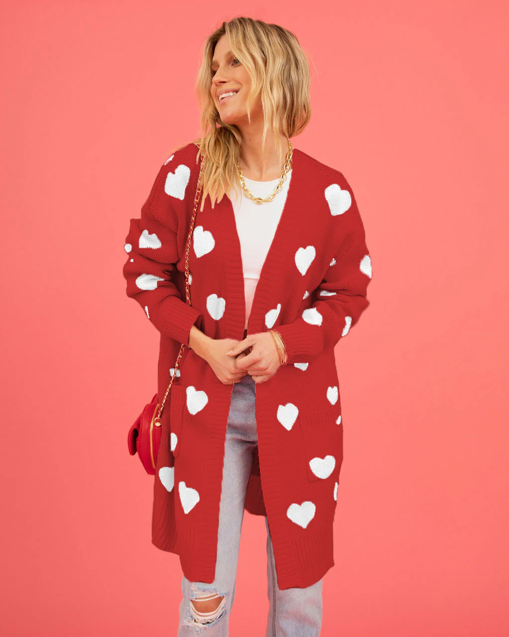 Listen To Your Heart Knit Open Front Cardigan - Red - Image 4