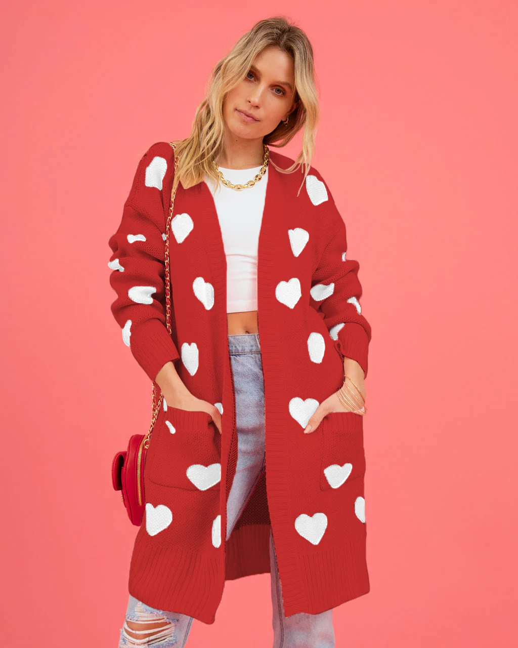 Listen To Your Heart Knit Open Front Cardigan - Red - Image 5