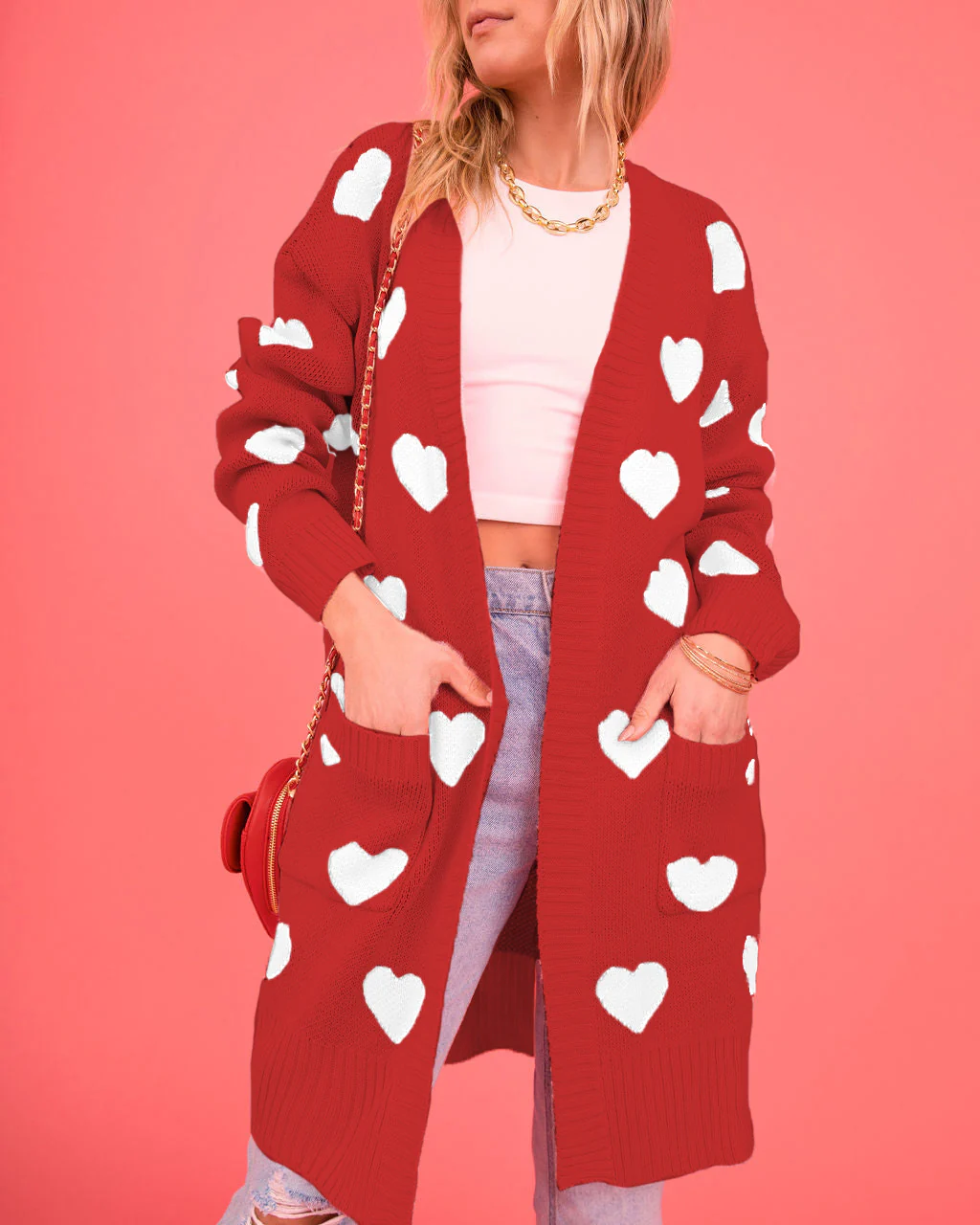 Listen To Your Heart Knit Open Front Cardigan - Red - Image 6