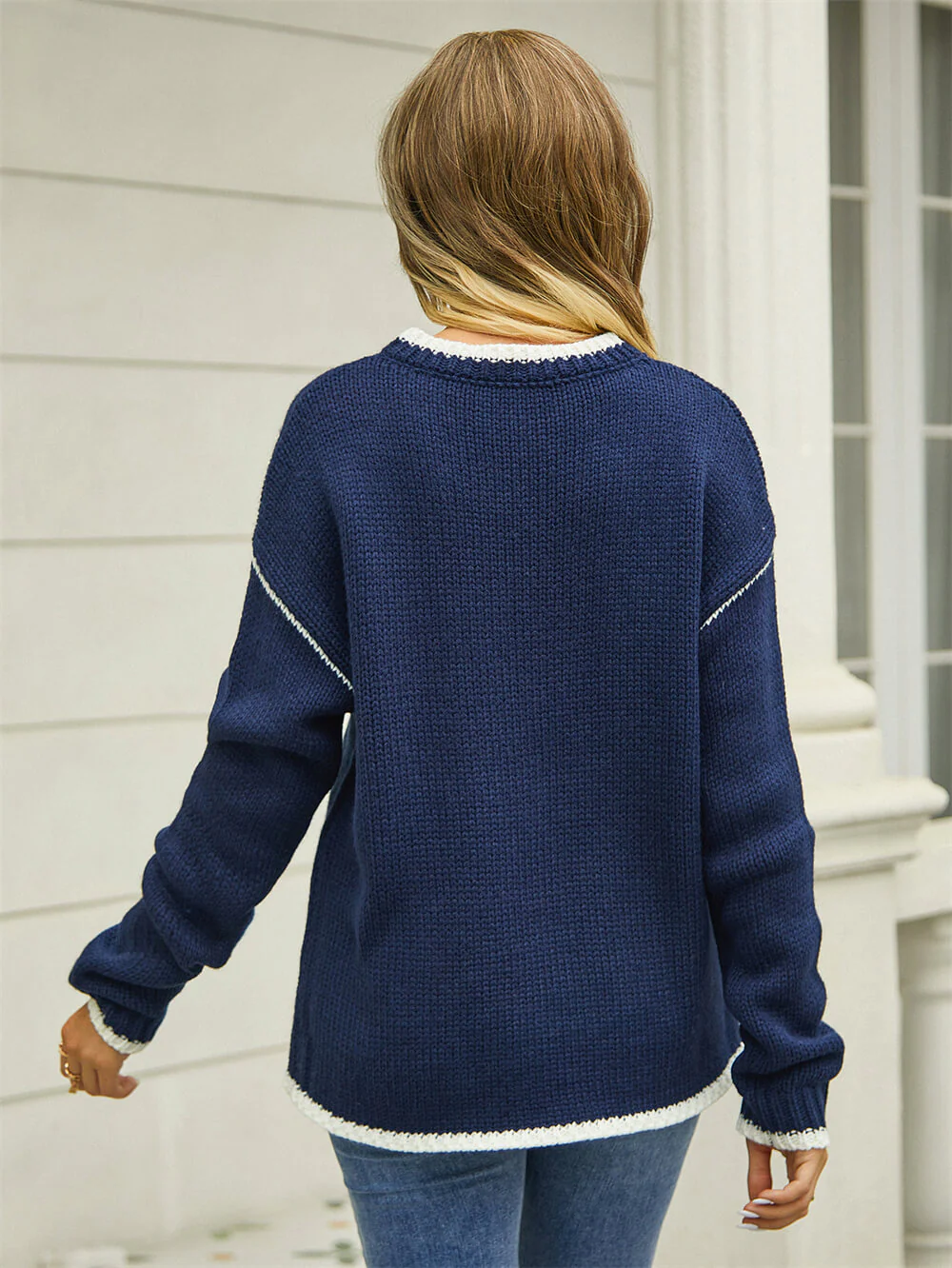 Lorian Contrast Seams Sweater - Navy - Image 5
