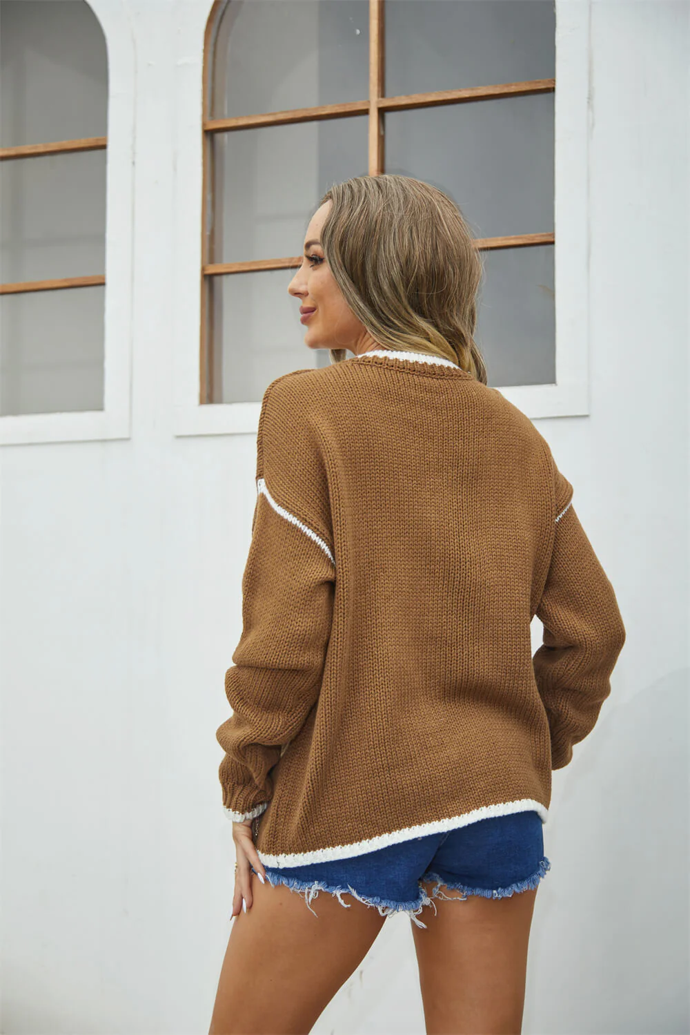Lorian Contrast Seams Sweater - Tan - Image 5