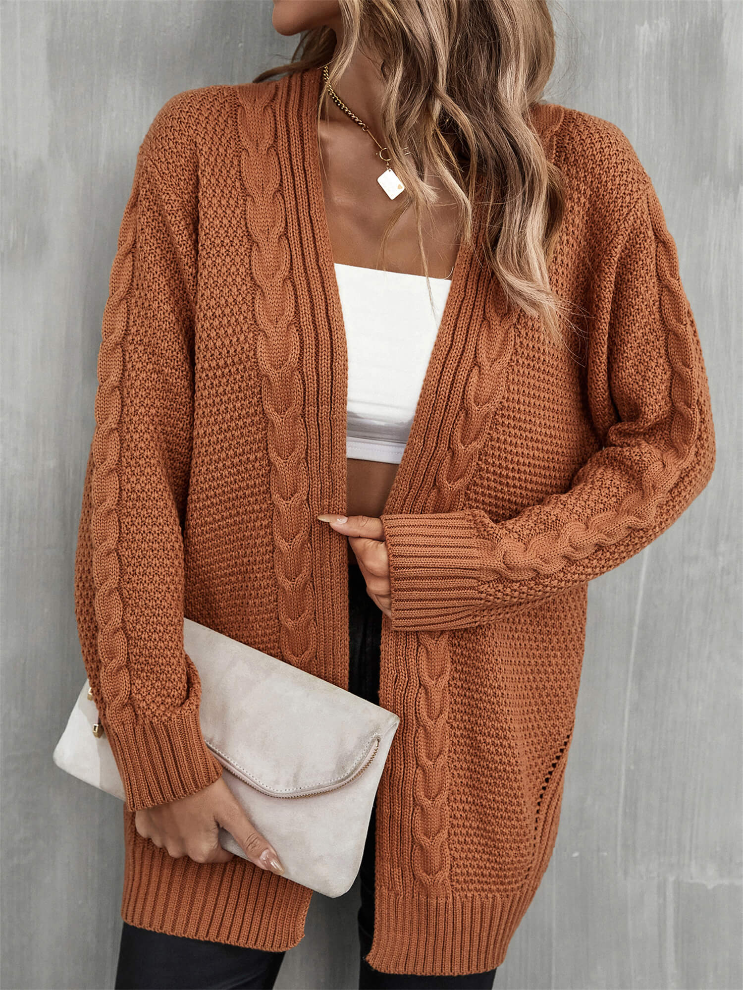 Ludlow Cable Knit Duster Cardigan - Tan - Image 3
