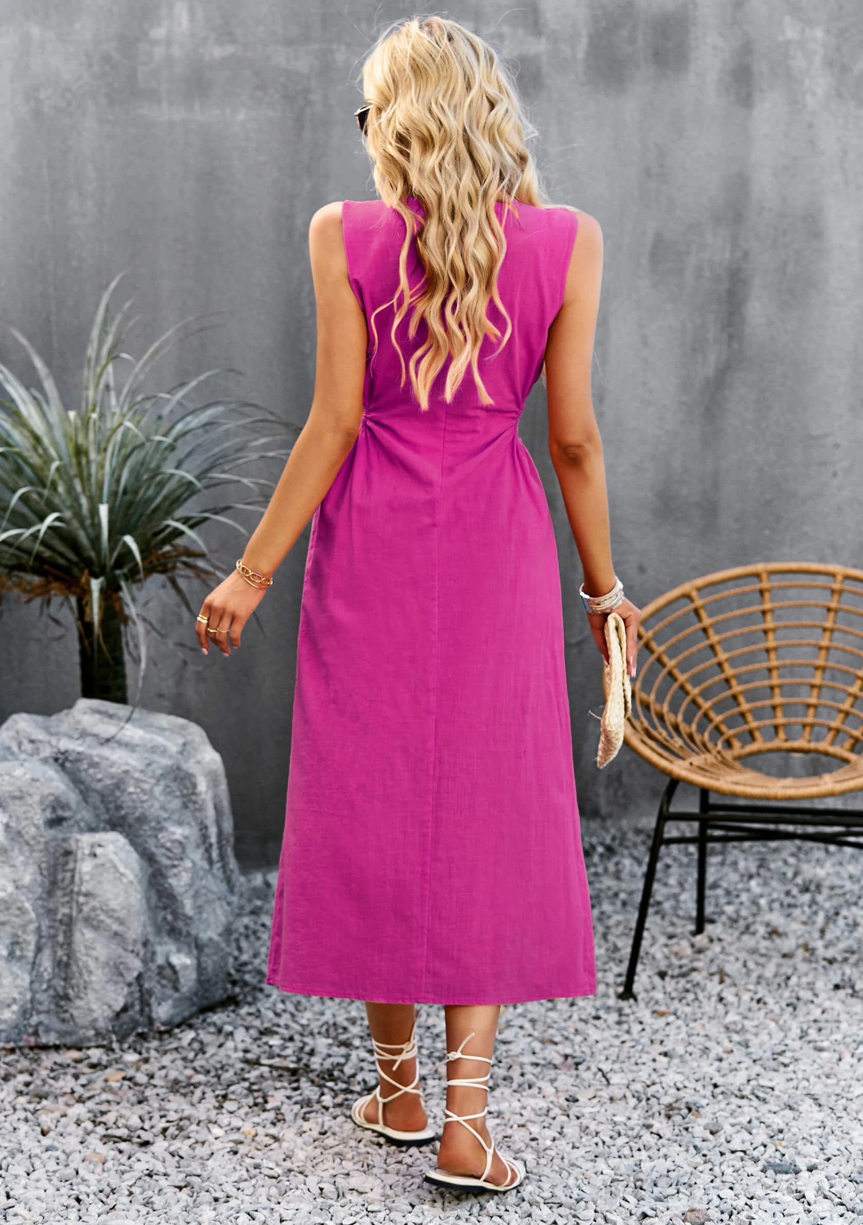 Lunch Date Sleeveless Slit Midi Dress - Magenta - Image 4