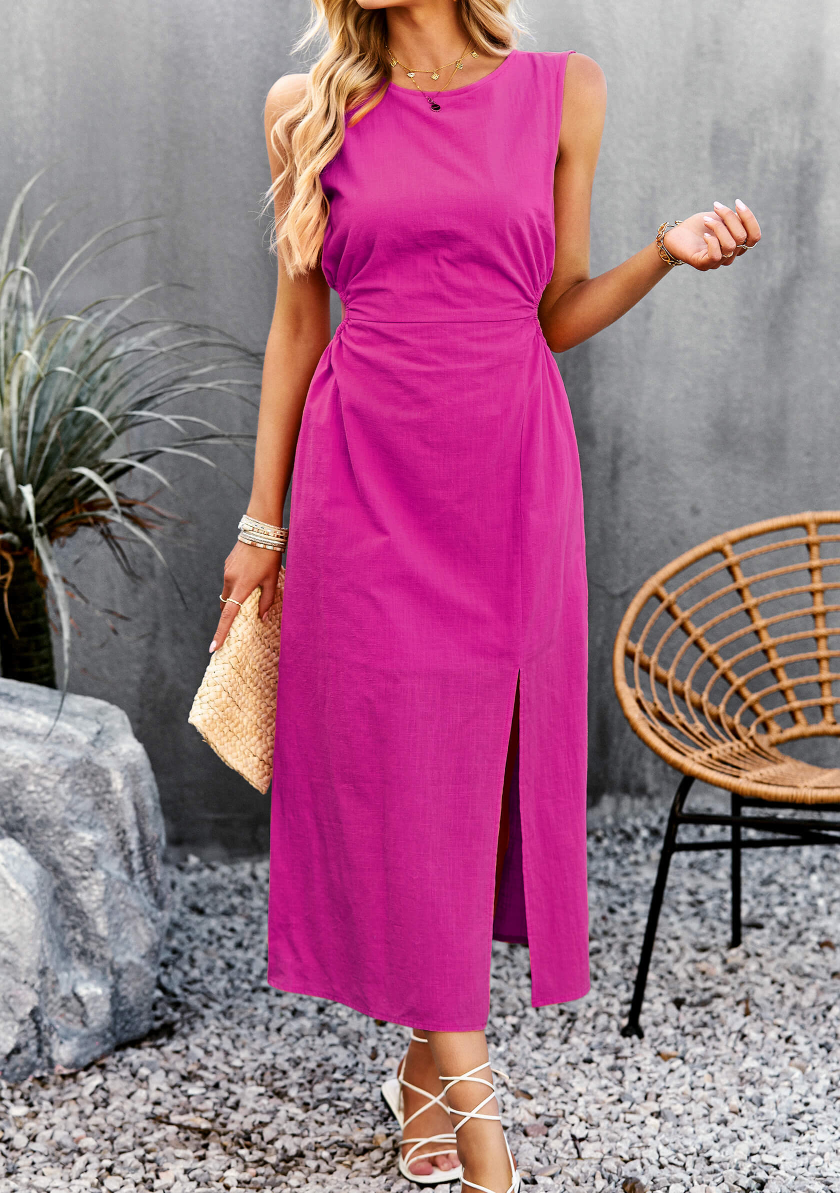 Lunch Date Sleeveless Slit Midi Dress - Magenta - Image 5