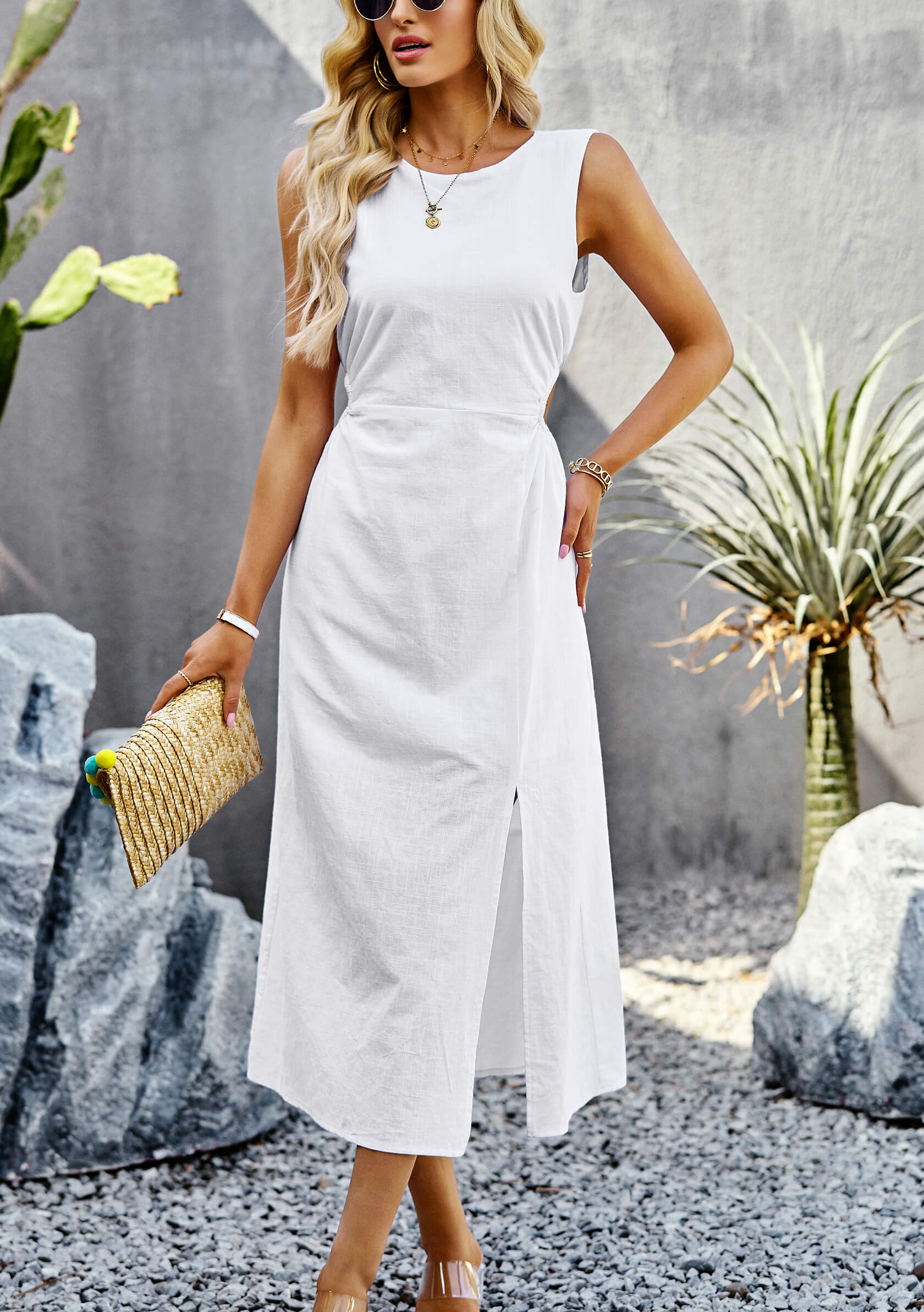 Lunch Date Sleeveless Slit Midi Dress - White - Image 5