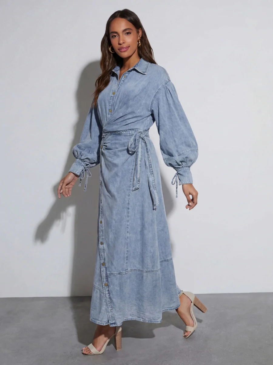 Luzie Waist Tie Denim Maxi Dress - blue - Image 3