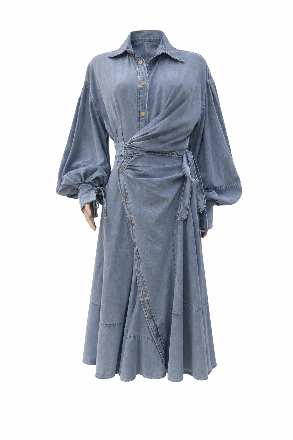 Luzie Waist Tie Denim Maxi Dress - blue - Image 4