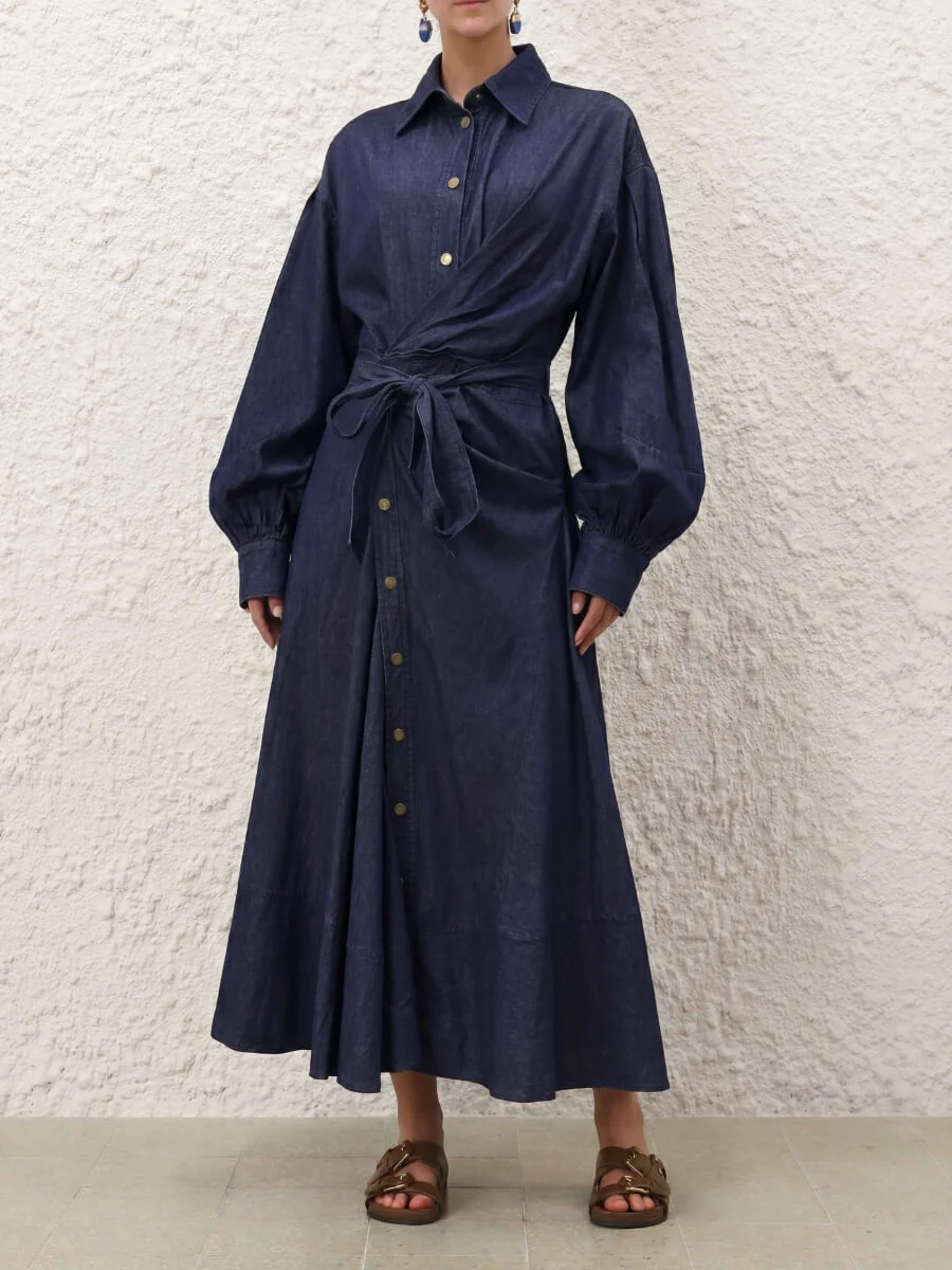 Luzie Waist Tie Denim Maxi Dress - navy