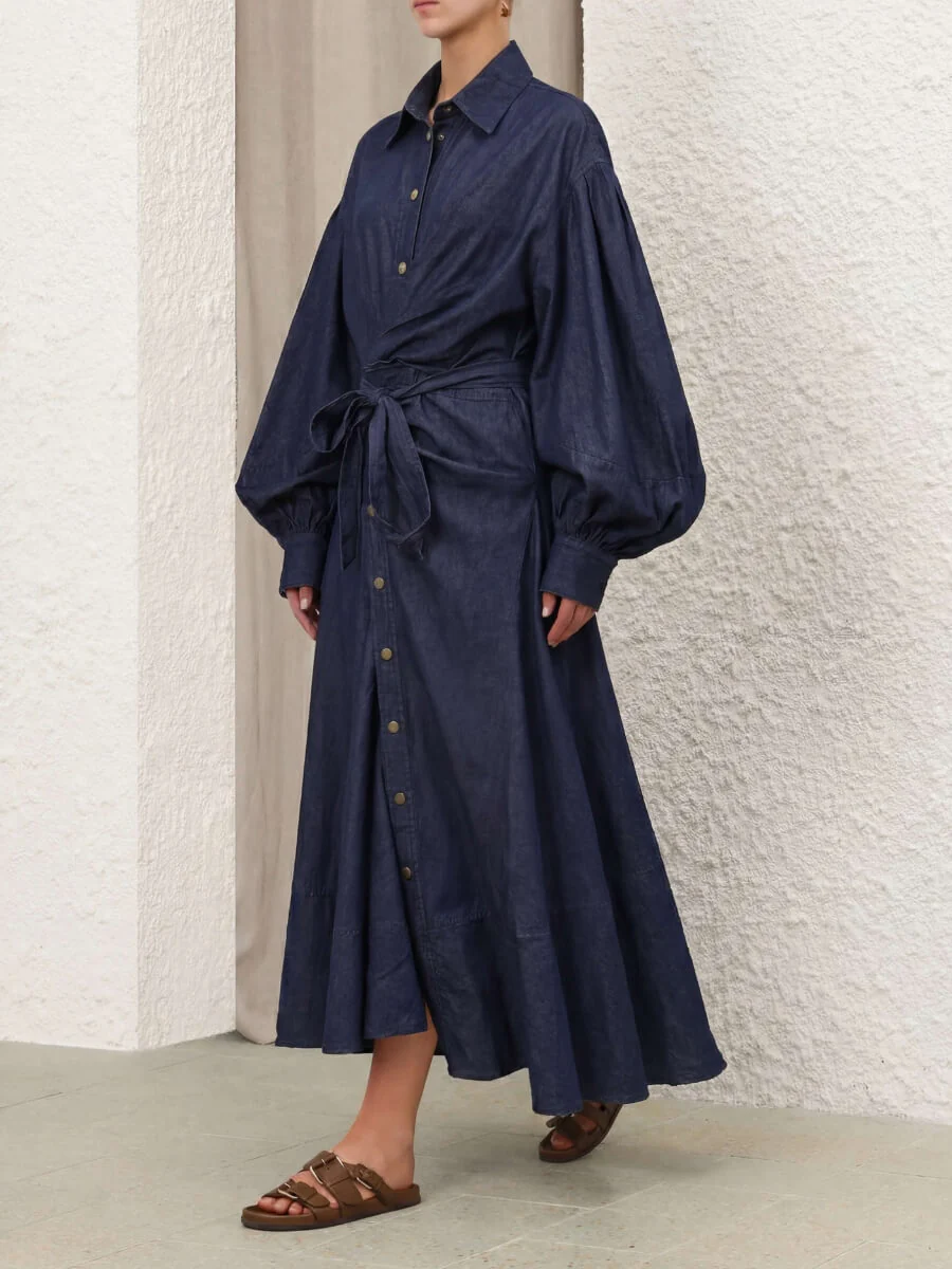 Luzie Waist Tie Denim Maxi Dress - navy - Image 2