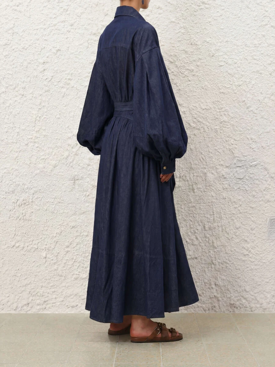 Luzie Waist Tie Denim Maxi Dress - navy - Image 3