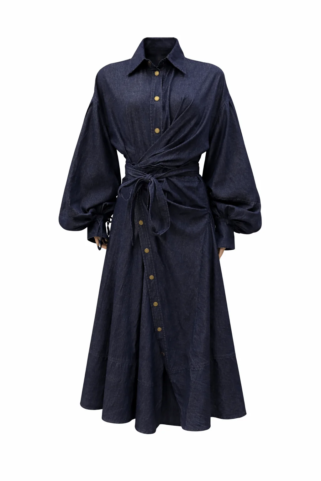 Luzie Waist Tie Denim Maxi Dress - navy - Image 4