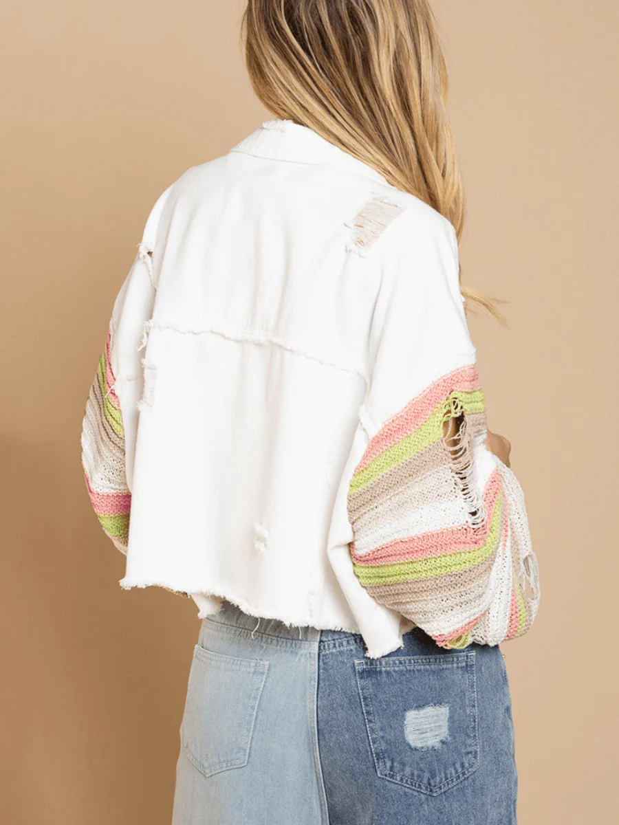MADDEN KNIT RIPPED SLEEVE DENIM JACKET - WHITE - Image 3