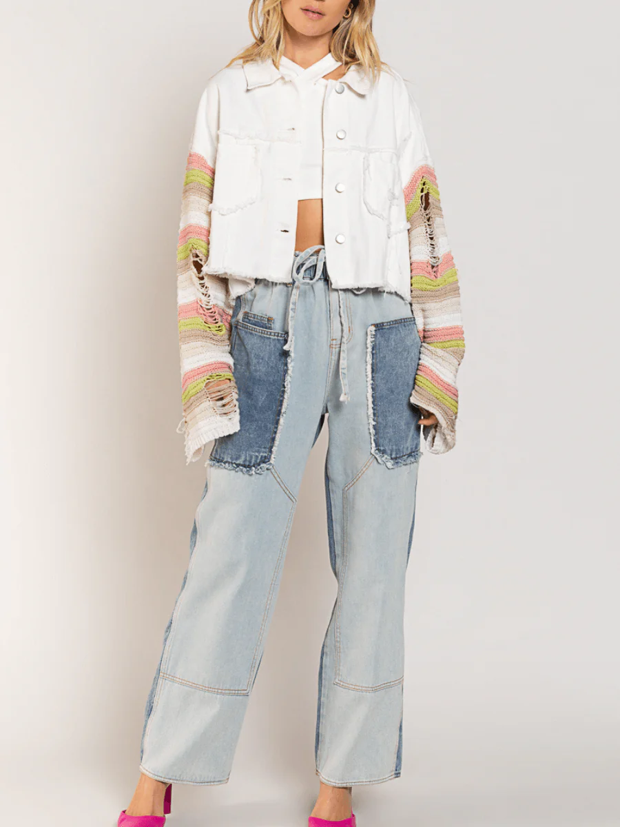 MADDEN KNIT RIPPED SLEEVE DENIM JACKET - WHITE - Image 4
