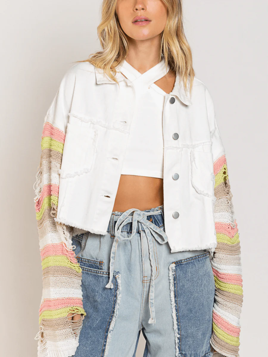 MADDEN KNIT RIPPED SLEEVE DENIM JACKET - WHITE - Image 5