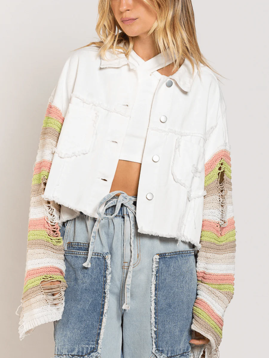 MADDEN KNIT RIPPED SLEEVE DENIM JACKET - WHITE - Image 6