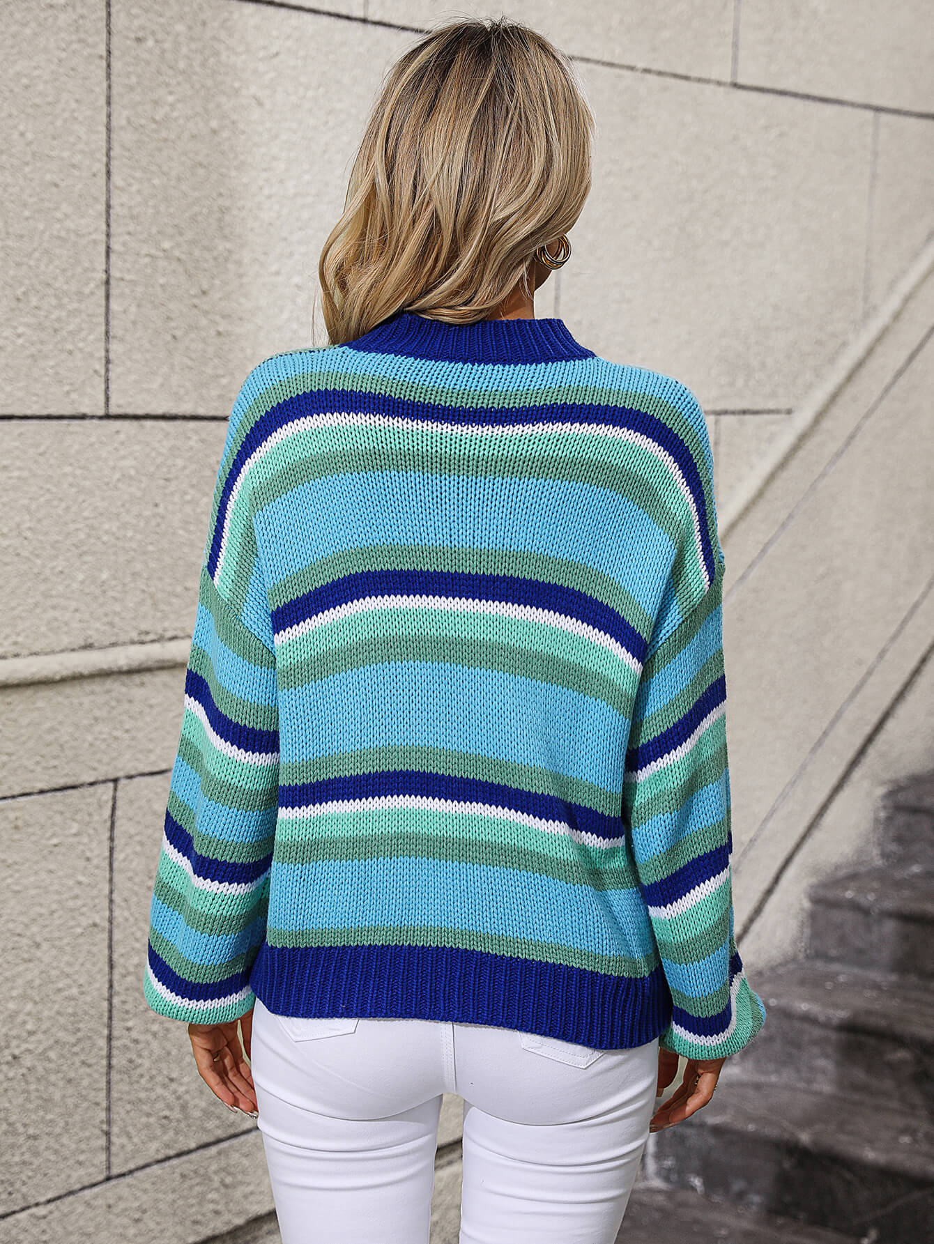 Maddie Striped Pullover Sweater - Turquoise - Image 3
