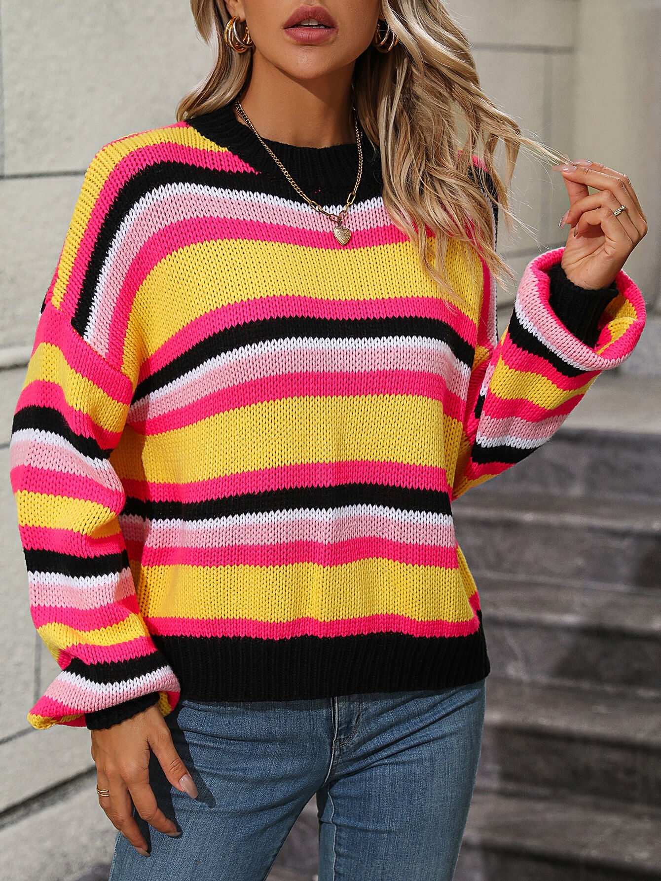 Maddie Striped Pullover Sweater - Yellow - Image 2