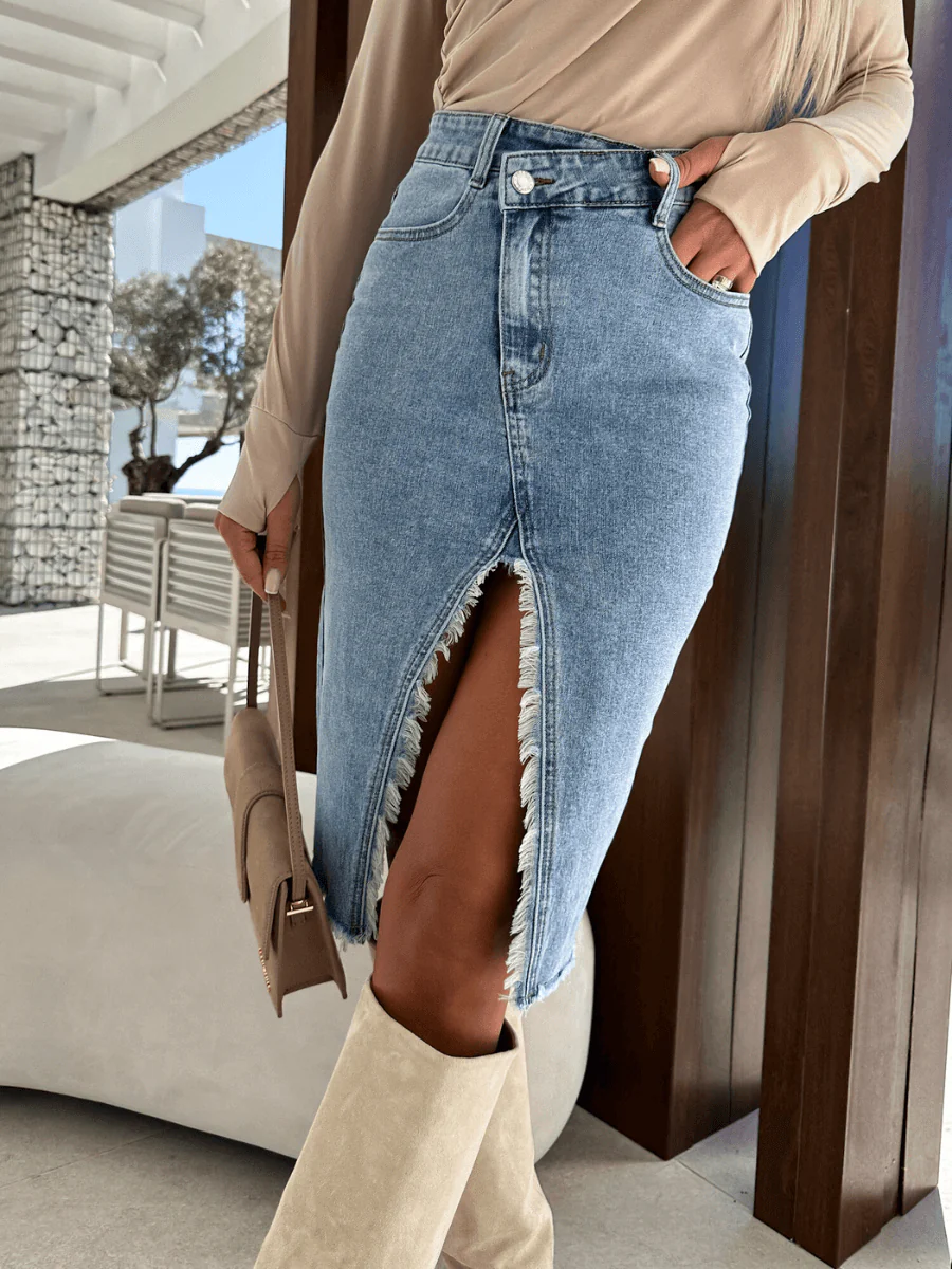 MADDY ASYMMETRICAL SLIT DENIM SKIRT