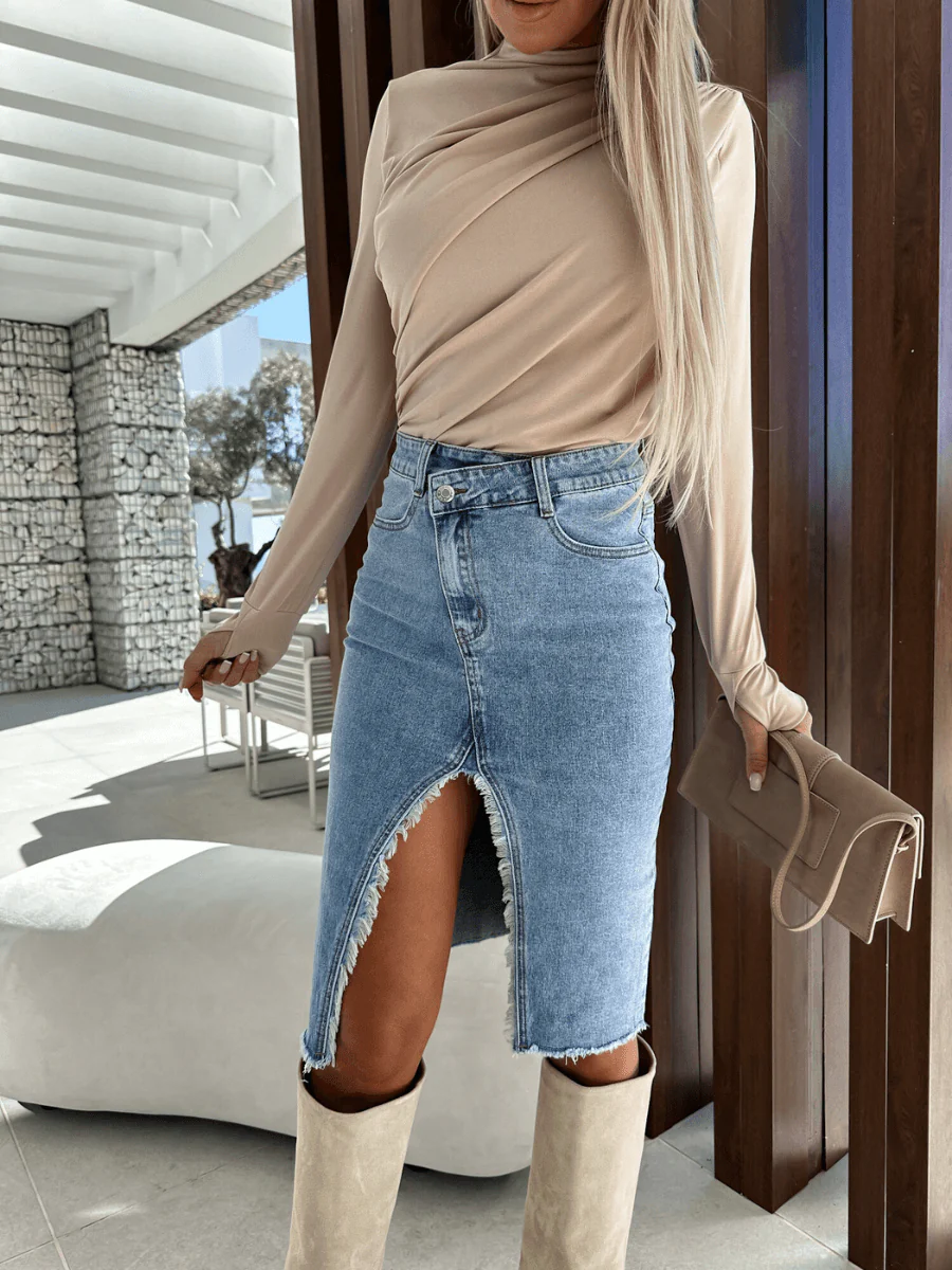 MADDY ASYMMETRICAL SLIT DENIM SKIRT - Image 2