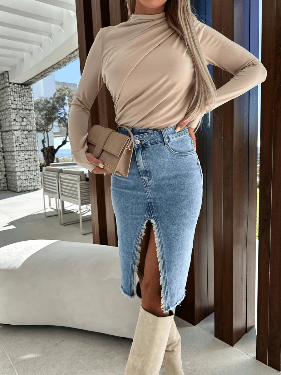 MADDY ASYMMETRICAL SLIT DENIM SKIRT - Image 5