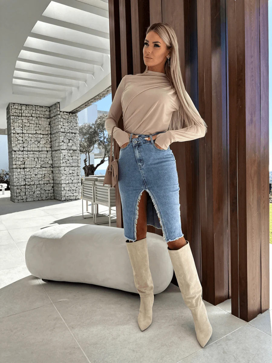 MADDY ASYMMETRICAL SLIT DENIM SKIRT - Image 7