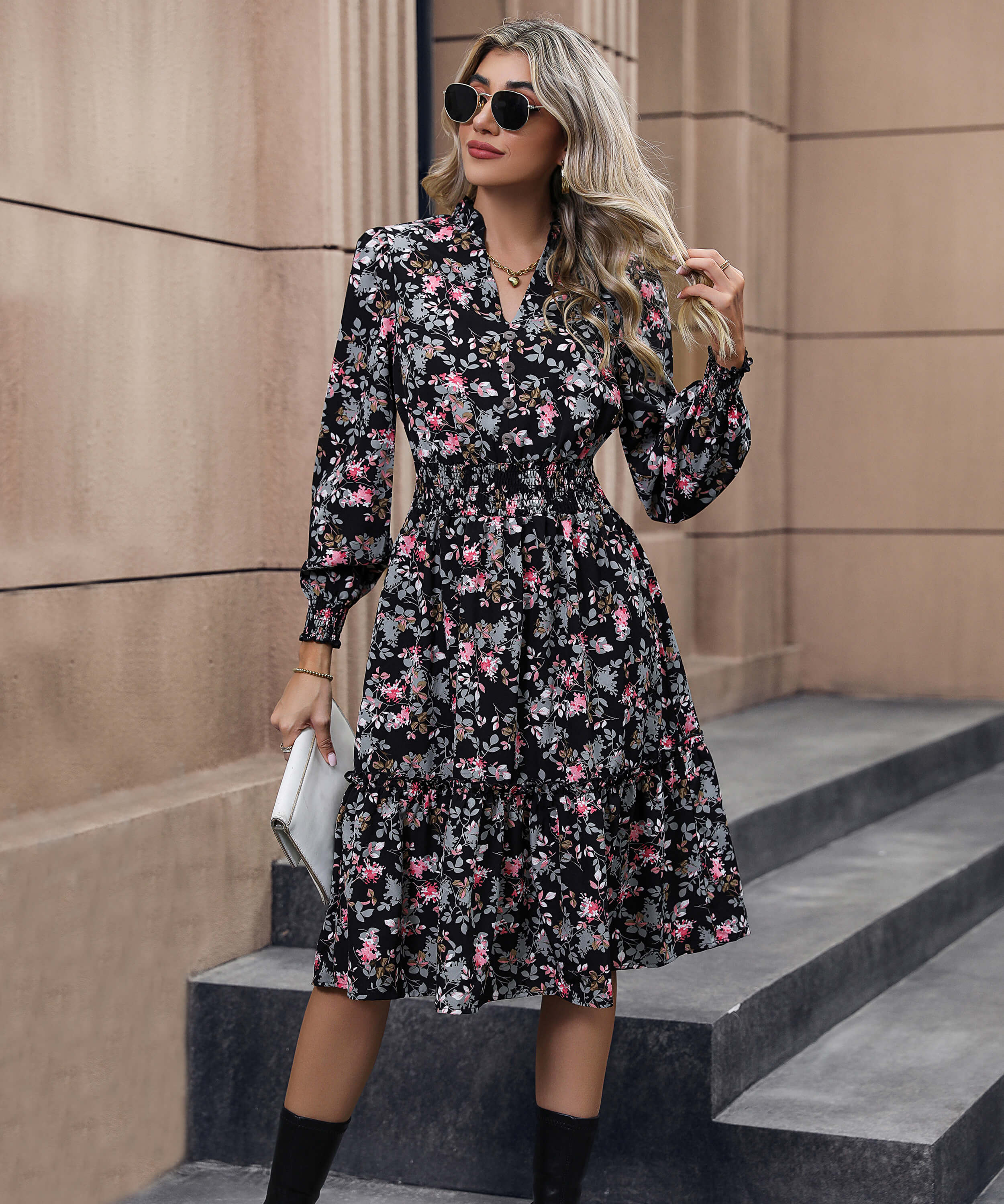 Madeira Floral Midi Dress - Black - Image 5
