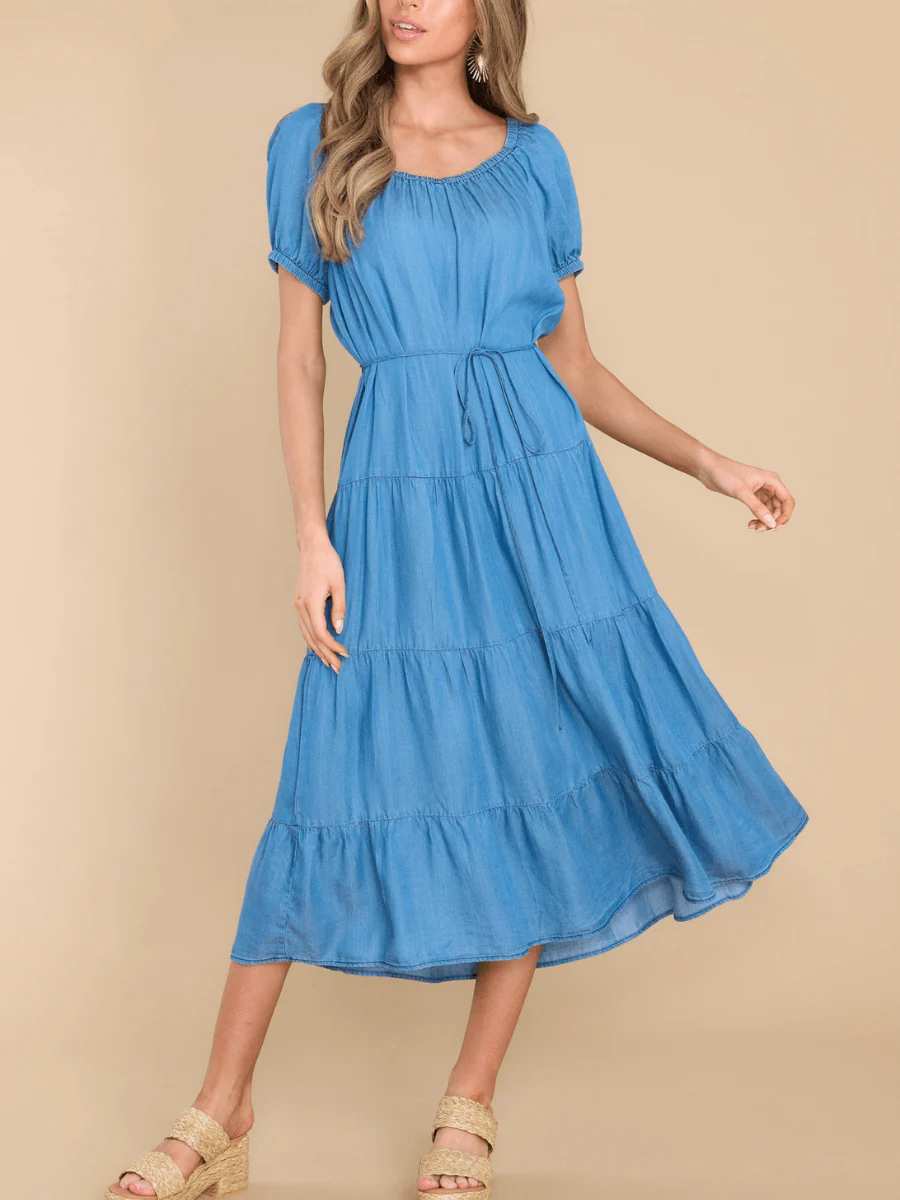 MADELINA TIERED COTTON BLEND DENIM MIDI DRESS - Image 7
