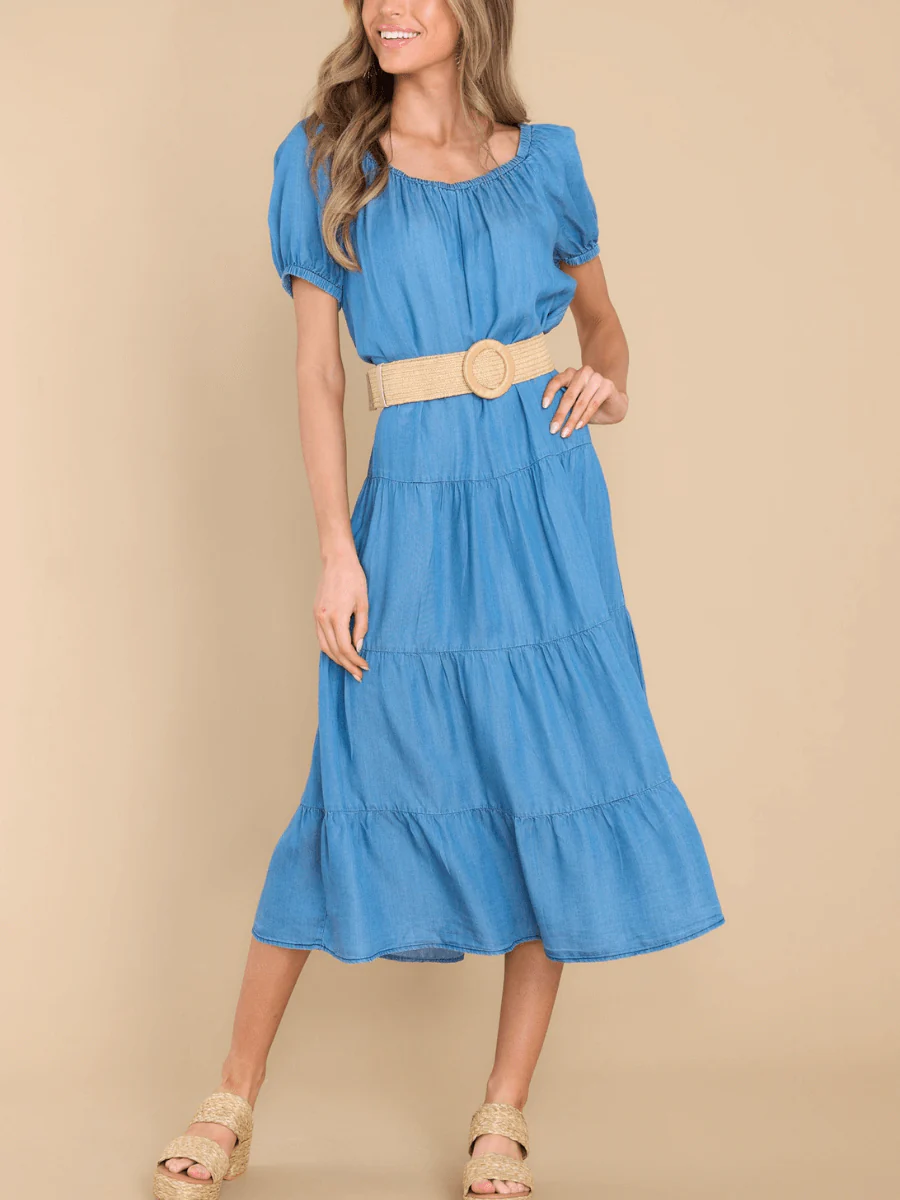 MADELINA TIERED COTTON BLEND DENIM MIDI DRESS - Image 8