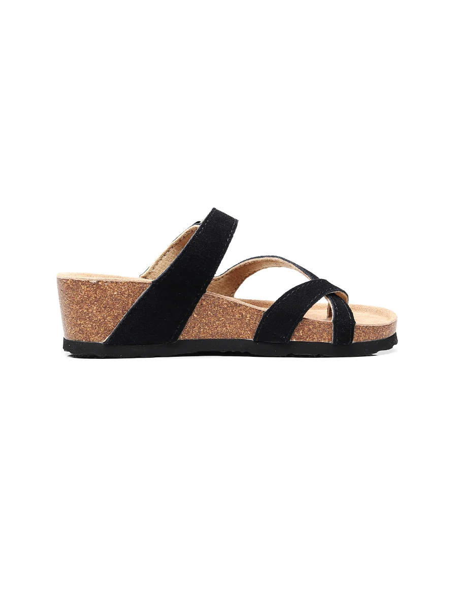 Maibulun | Black Criss Cross Toe Suede Upper Wedge Sandal - Image 4