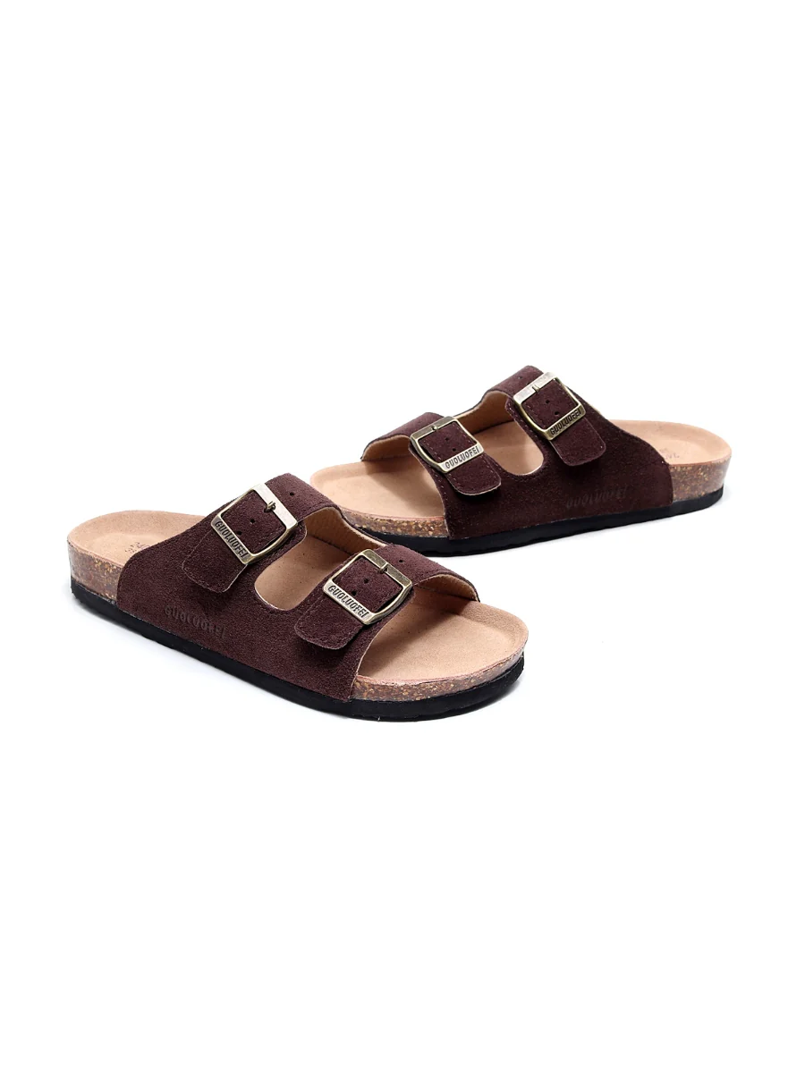 Maibulun | Brown Double-Buckle Wide-Strap Suede Leather Sandals - Image 3