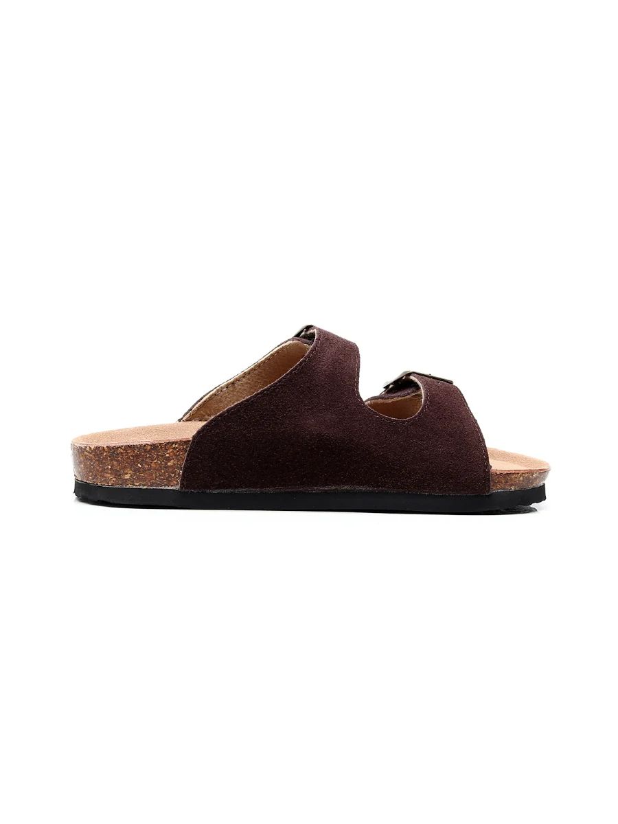 Maibulun | Brown Double-Buckle Wide-Strap Suede Leather Sandals - Image 4