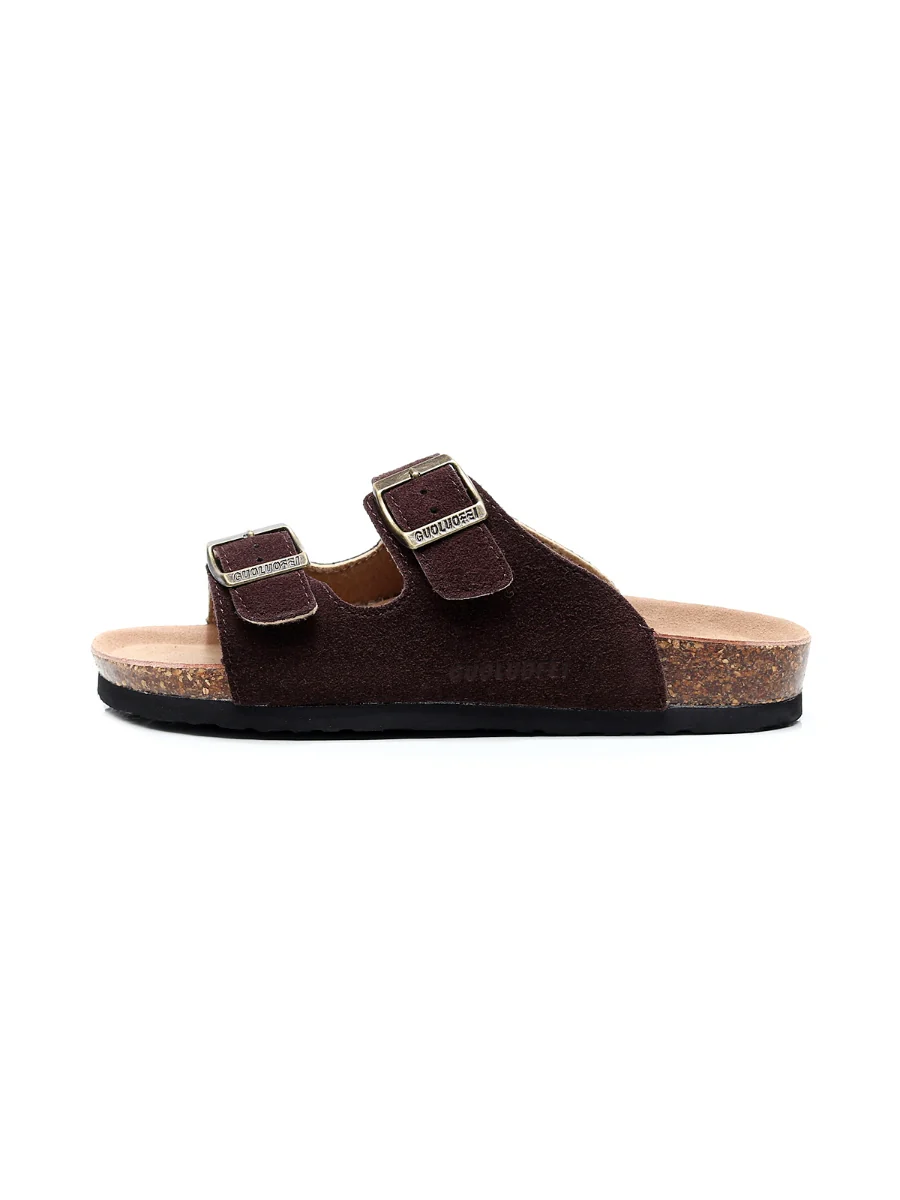 Maibulun | Brown Double-Buckle Wide-Strap Suede Leather Sandals - Image 5