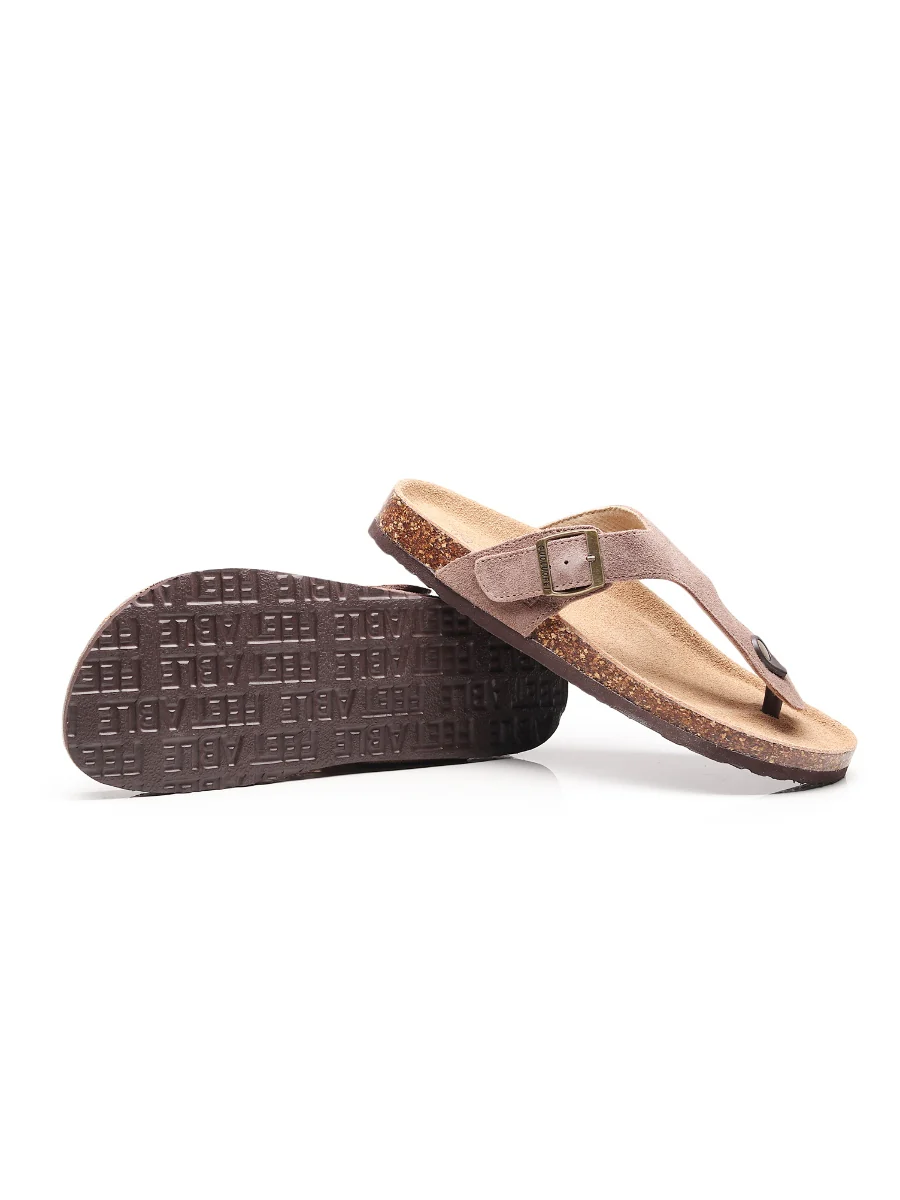 Maibulun | Camel Suede T-Strap Leather Sandals - Image 3