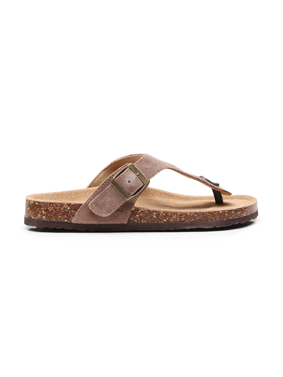 Maibulun | Camel Suede T-Strap Leather Sandals - Image 4