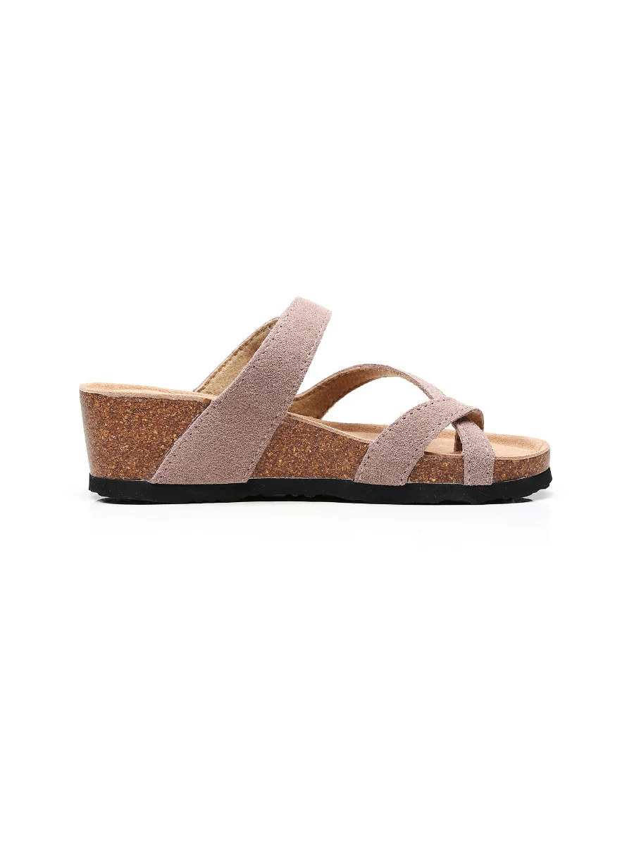 Maibulun | Latte Criss Cross Toe Suede Upper Wedge Sandal - Image 4